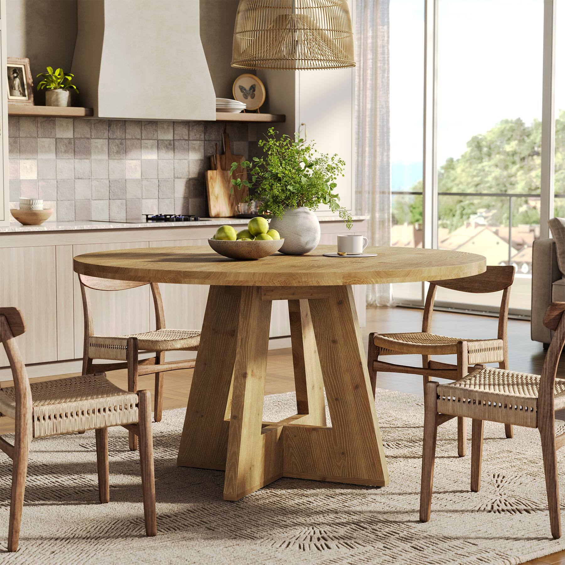 Back. Tribesigns - Farmhouse Solid Wood Dining Table with Round Top for Everyday Meals and Family Gatherings - Brown.