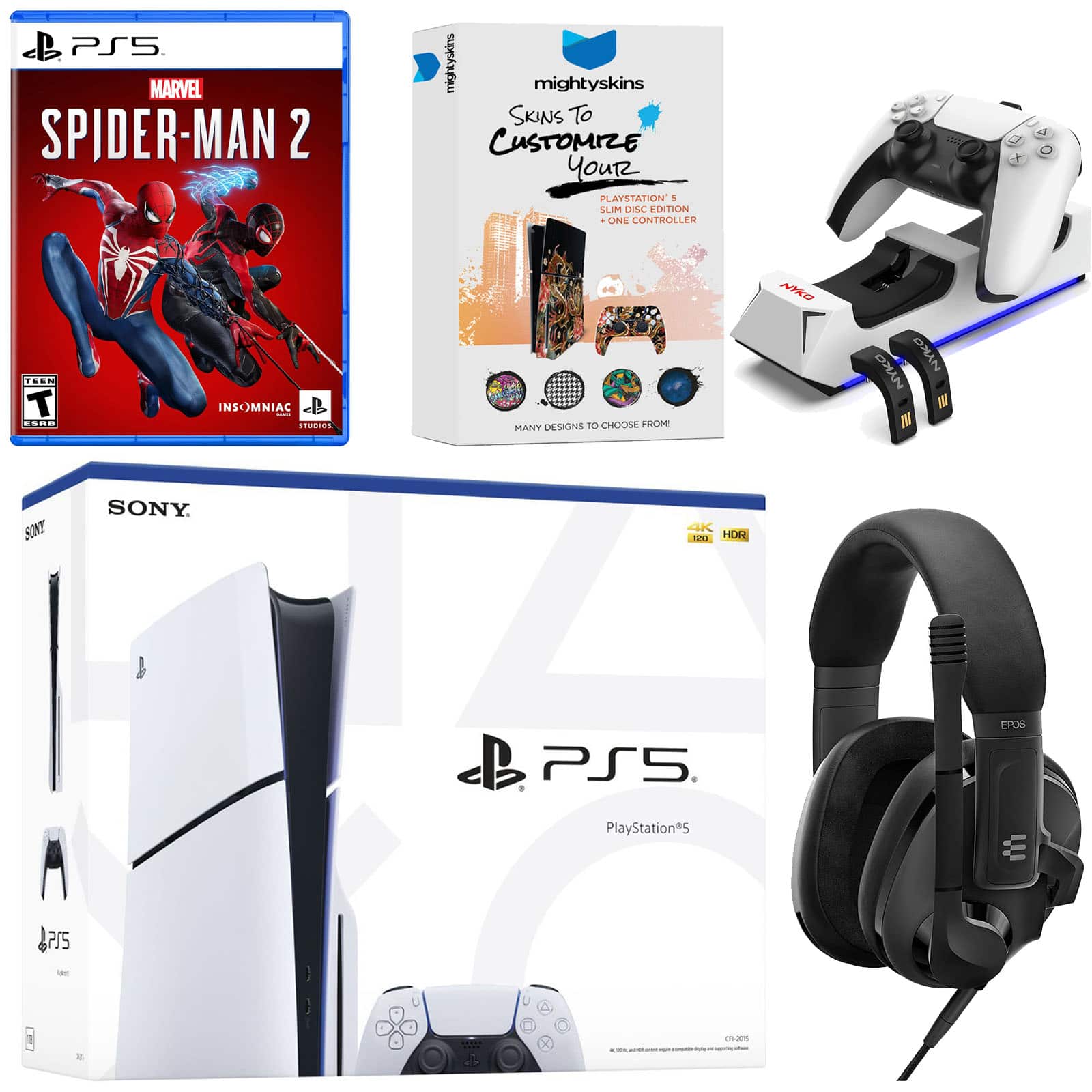 PlayStation 5 Slim Disc Bundle with Spider-Man 2, EPOS Headset, Charging Dock and MightySkins Code - PlayStation 5
