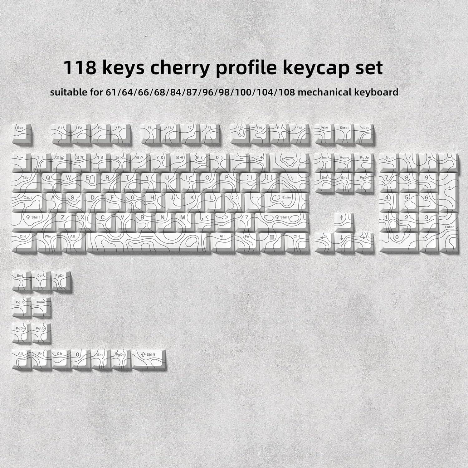 118 keys cherry profile keycap set  
suitable for 61/64/66/68/84/87/96/98/100/104/108 mechanical keyboard
