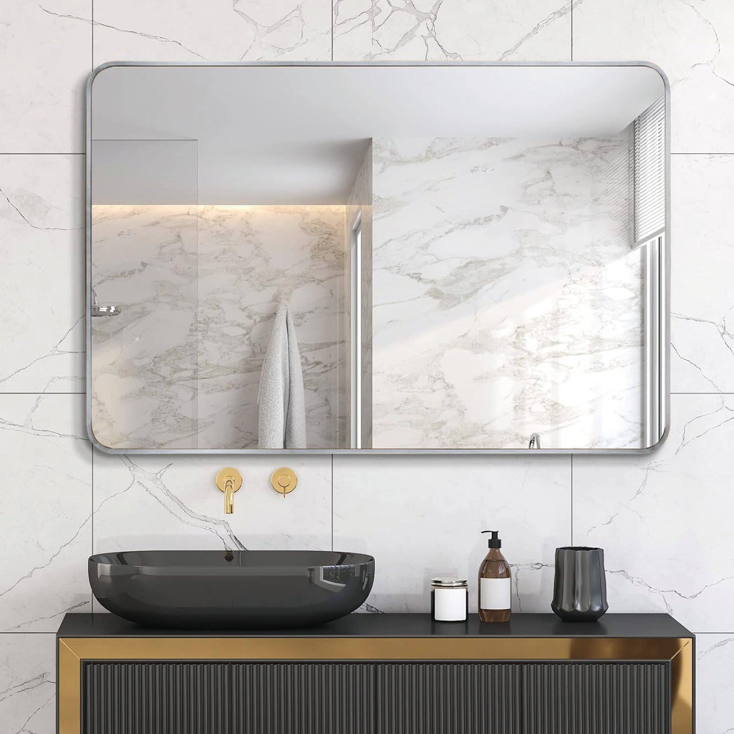 Angle. BreeBe - 30x40 Inch Silver Metal Framed Rectangular Rectangular Bathrrom Mirror for Wall. - Silver.