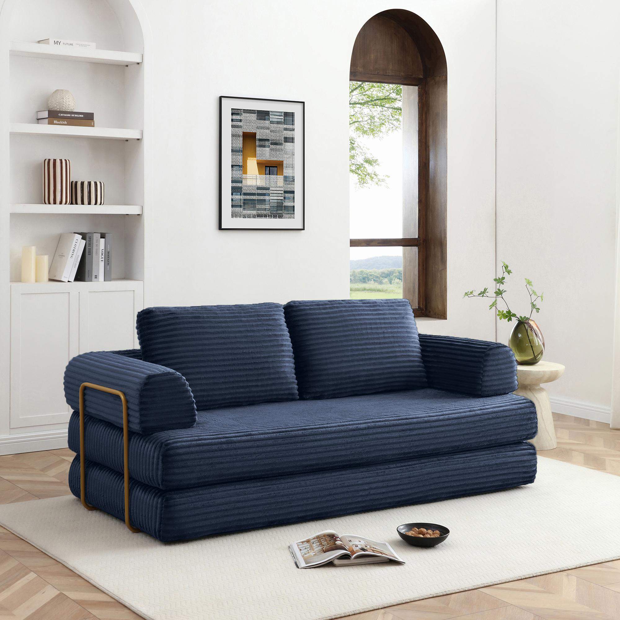Angle. Roomtec - Convertible Sofa Bed Folding Floor Couch Corduroy Fold Out Couch Bed Futon Sleeper Mattress with Pillows Boneless Sofa - Blue.