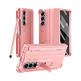 Dteck - For Samsung Galaxy Z Fold7 Built-in Screen Protector Rugged Shockproof Pen Holder Kickstand Hinge Cover Case + Stylus - Pink