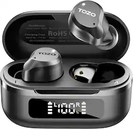 TOZO - Hybrid ANC Earbuds, 6 Mics ENC, IPX8, Bluetooth 5.3, 59H, LED, 32 EQs, Stereo Bass - Black