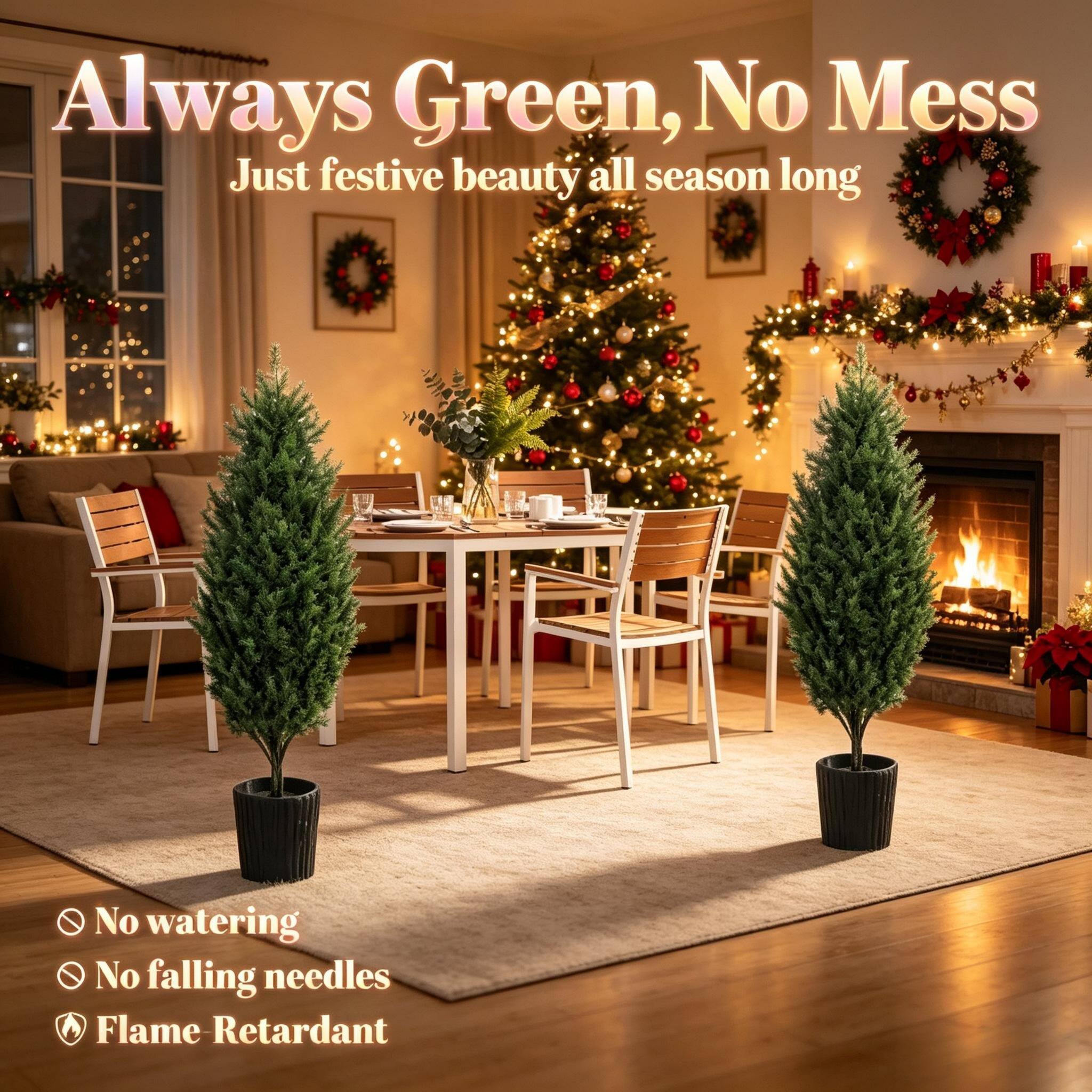 Always Green, No Mess  
Just festive beauty all season long  

No watering  
No falling needles  
Flame Retardant