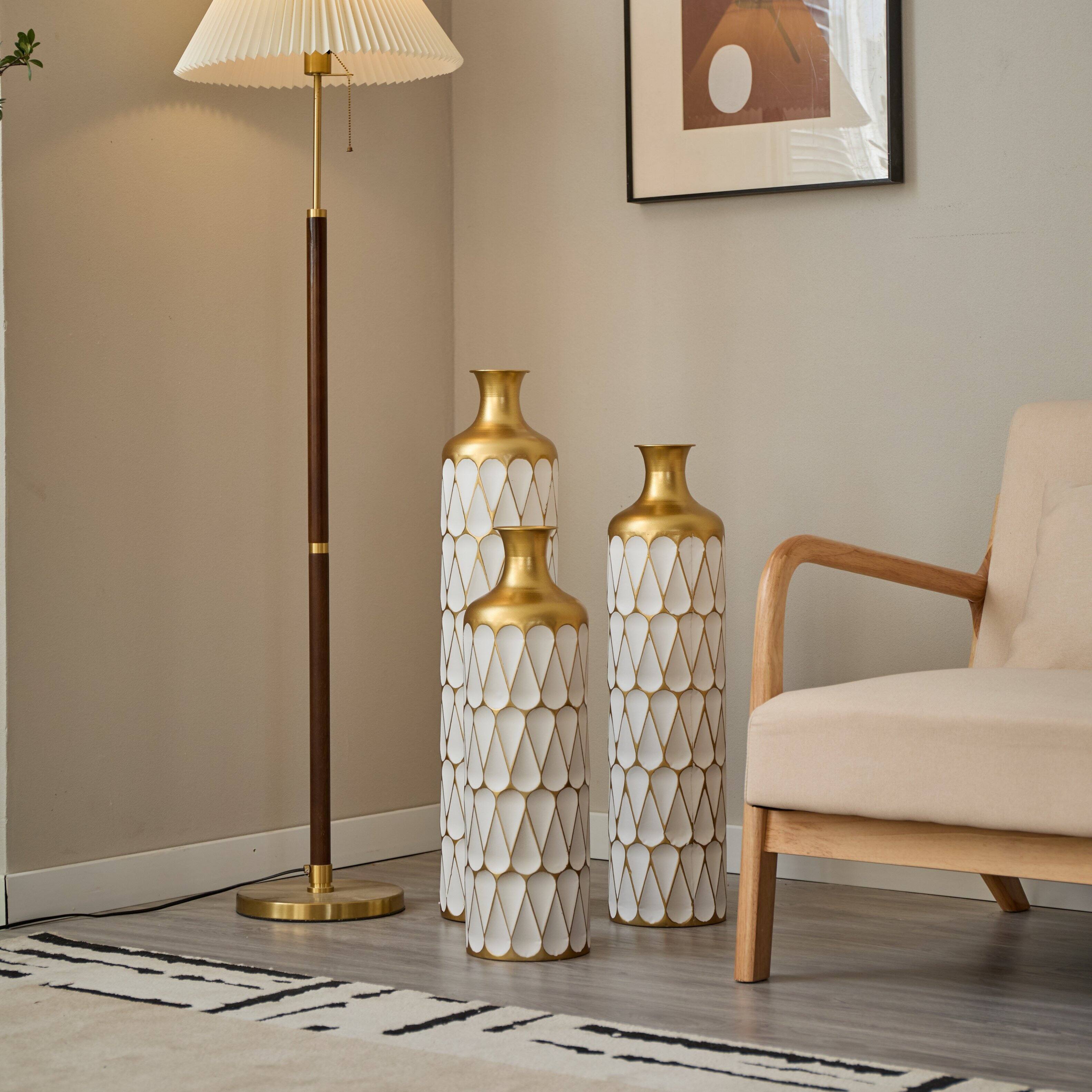 Back. Anysun - Modern Droplet Shape White Metal Floor Vase 3-Piece Set - Glazed Finish for Home Decoration - White.