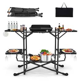 Gymax - Camping Kitchen Table Folding Portable Outdoor Cook Station w/ 4 Side Tables - Black