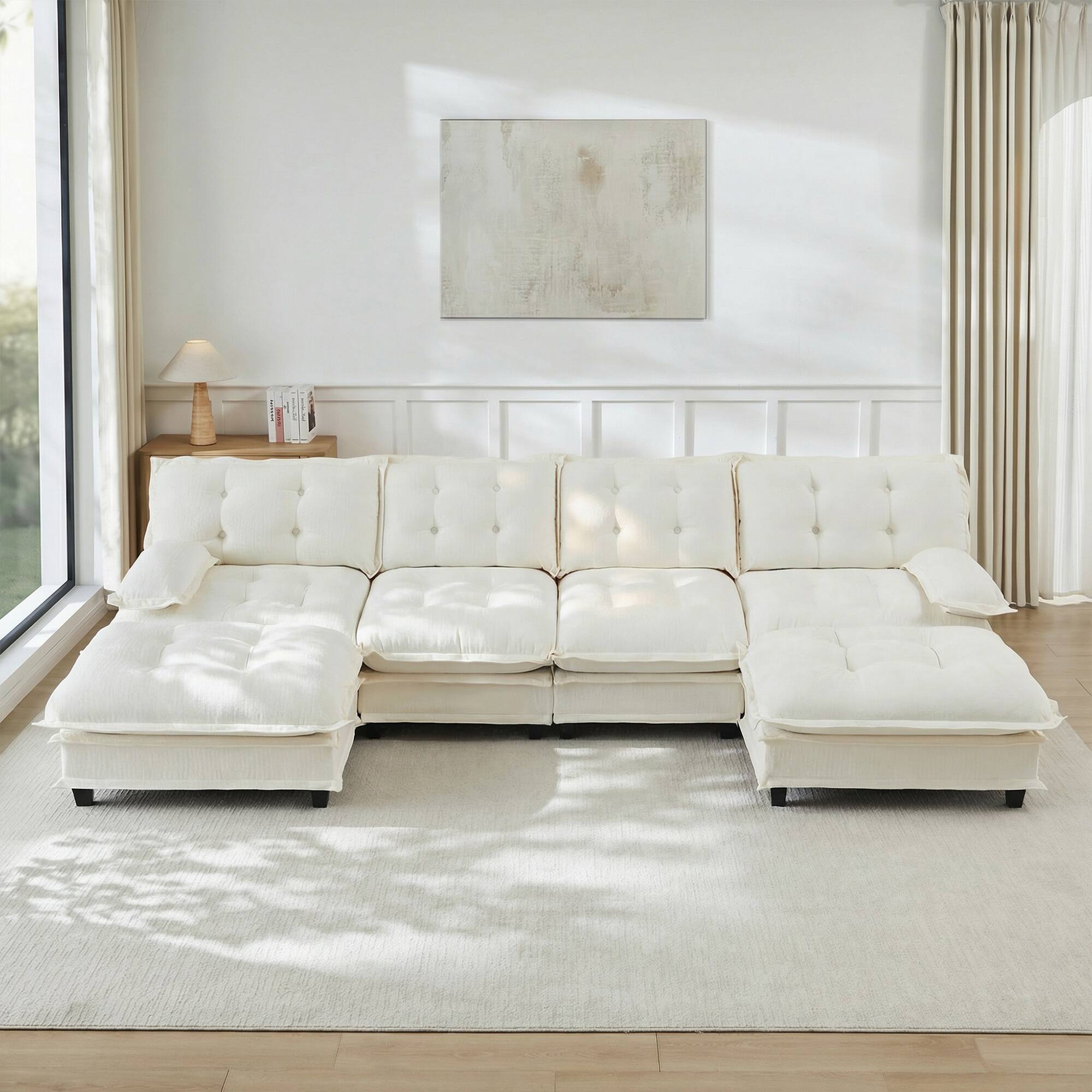 Angle. LOVMOR - 138 inch 4 Seat Chenille Sectional Couch U Shaped Modular Deep Seat Compressed Pack For Bedroom Apartment Cozy - Beige.