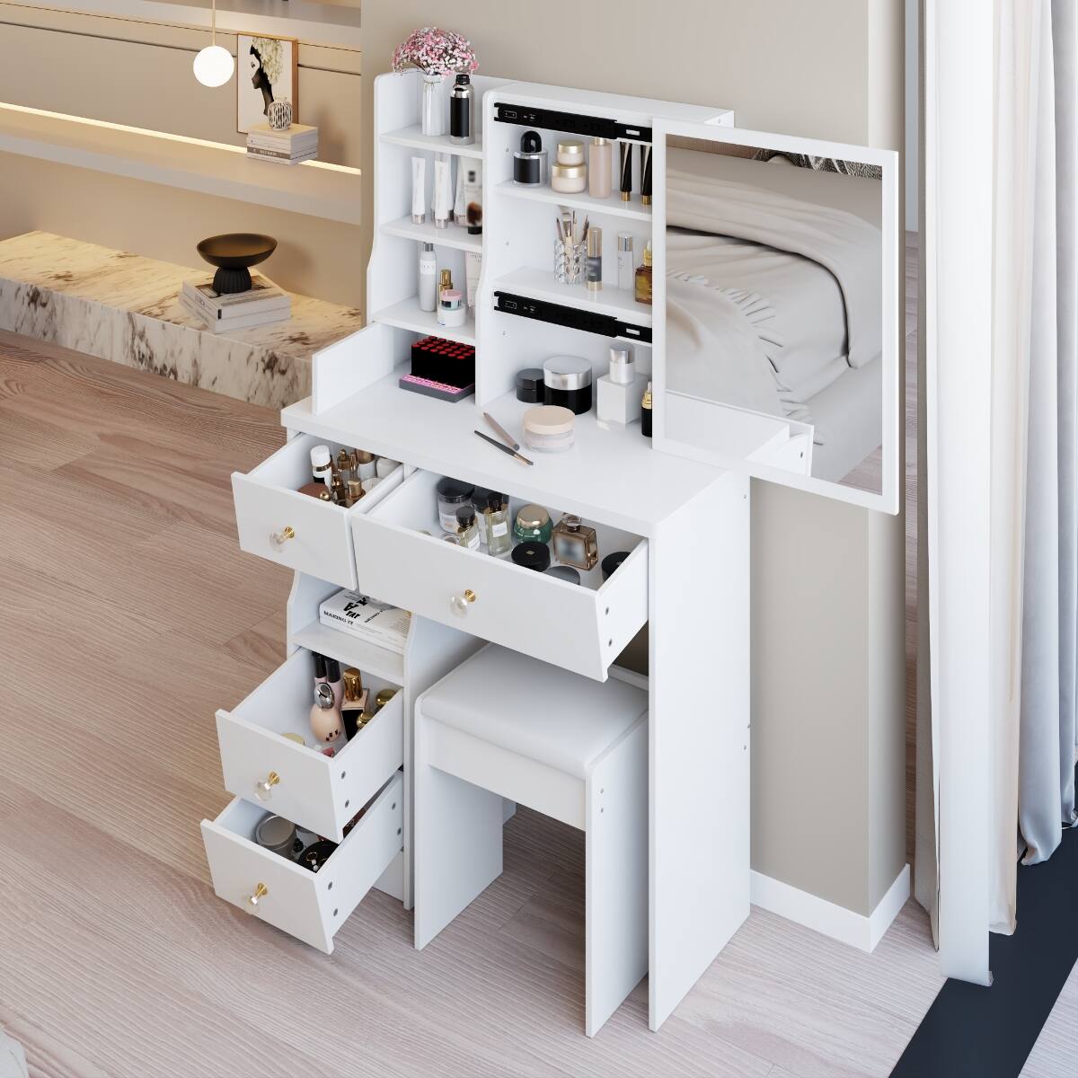 Front. Loheer - Loheer Small Space Vanity Table with Large Sliding Mirror, Left Drawer and Cushioned Stool - White.