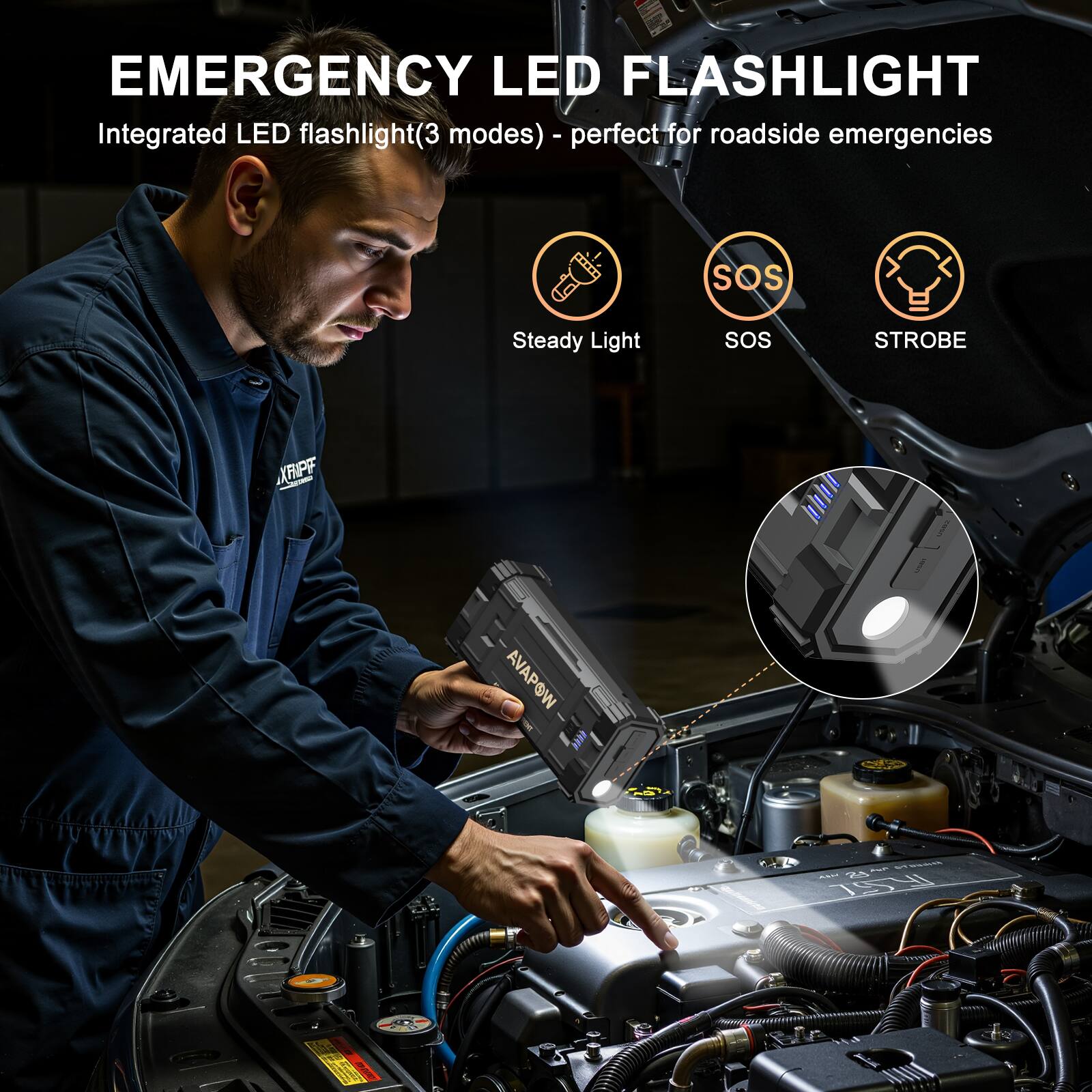 EMERGENCY LED FLASHLIGHT  
Integrated LED flashlight (3 modes) - perfect for roadside emergencies  
- Steady Light  
- SOS  
- STROBE  

AVAPOW  
KRIPTF