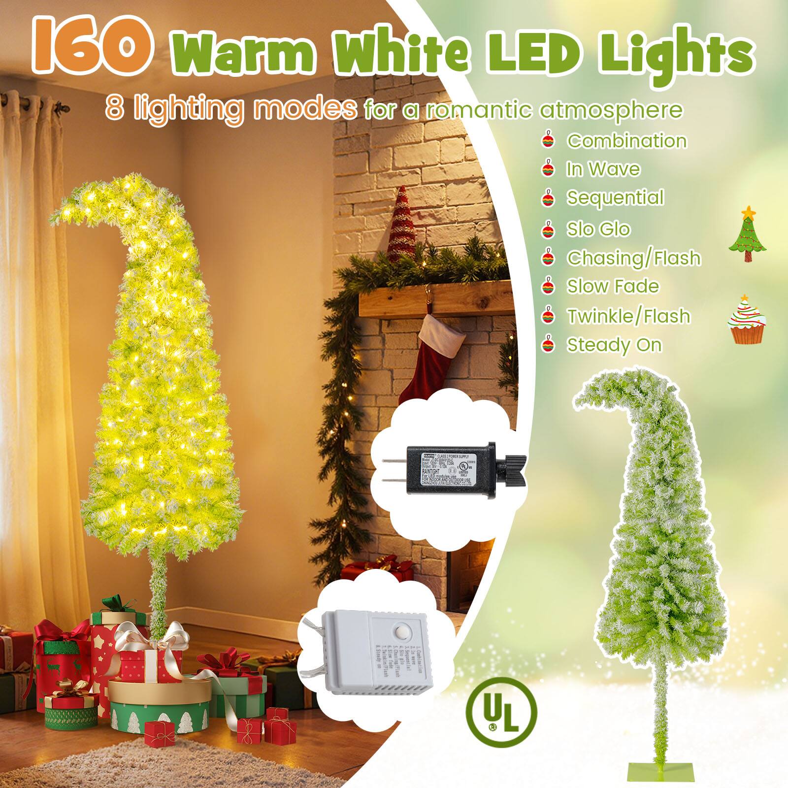 160 Warm White LED Lights  
8 lighting modes for a romantic atmosphere  
- Combination  
- In Wave  
- Sequential  
- Slo Glo  
- Chasing/Flash  
- Slow Fade  
- Twinkle/Flash  
- Steady On  

UL