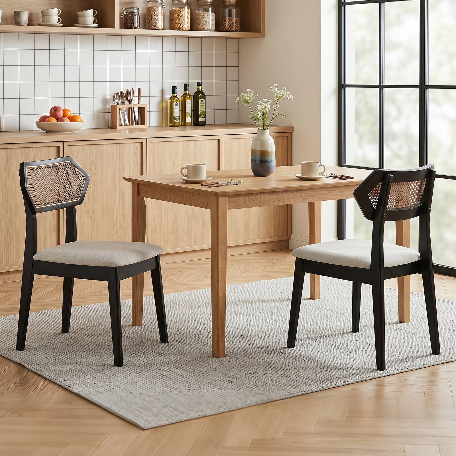 Alt View 1. Costway - Costway 2 PCS Rattan Dining Chairs, Upholstered Kitchen Chairs with Rattan Back & Wood Frame - Black.