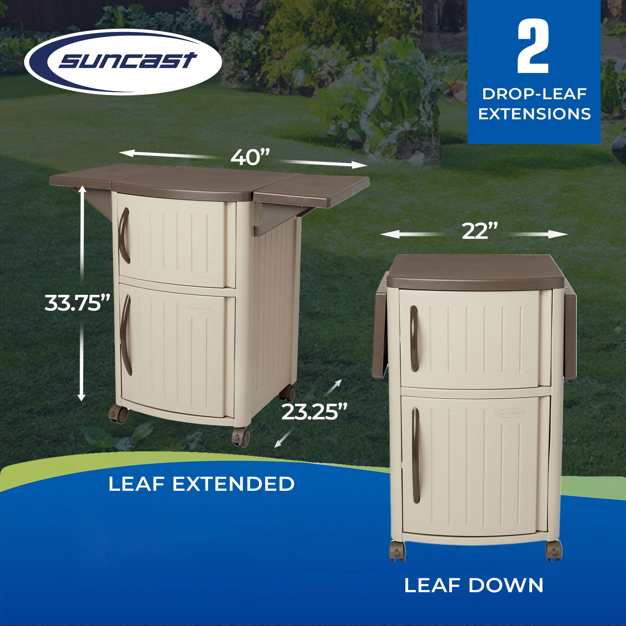 Suncast 2 DROP-LEAF EXTENSIONS  
40" 22" 33.75" 23.25"  
LEAF EXTENDED  
LEAF DOWN