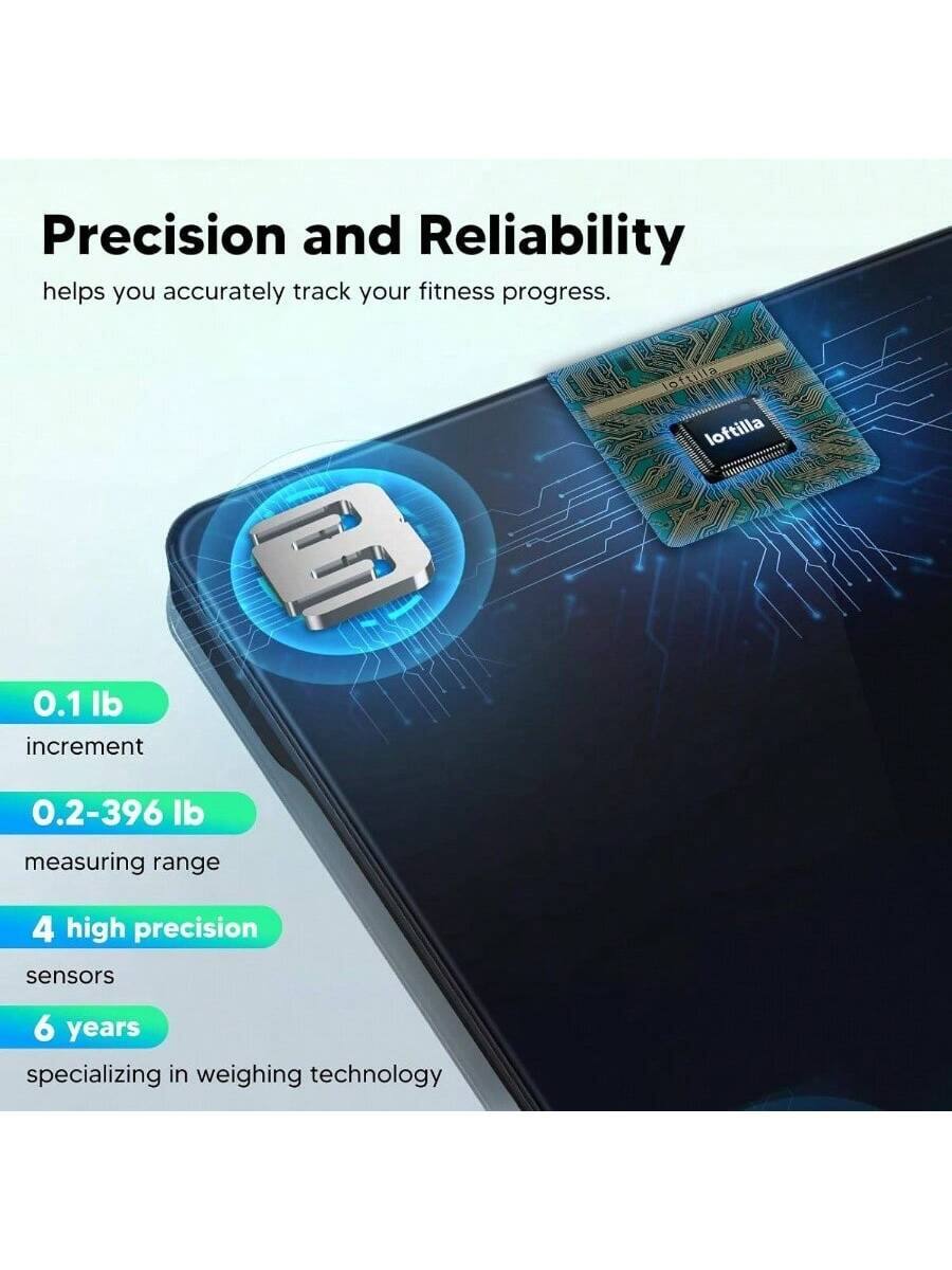 Precision and Reliability  
helps you accurately track your fitness progress.

- 0.1 lb increment  
- 0.2-396 lb measuring range  
- 4 high precision sensors  
- 6 years specializing in weighing technology