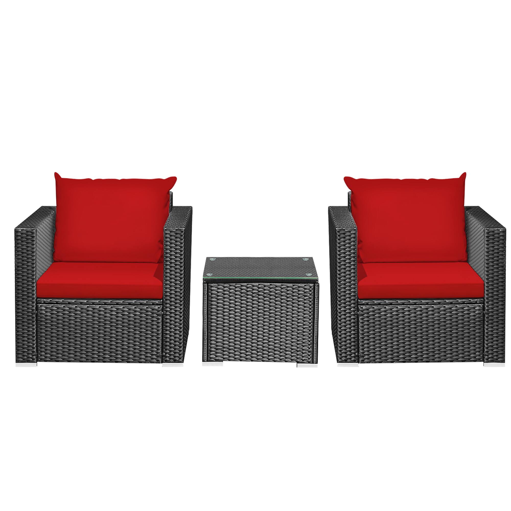 Alt View 4. Gymax - Gymax 3PCS Rattan Patio Conversation Furniture Set Outdoor w/ Red Cushions - Black.