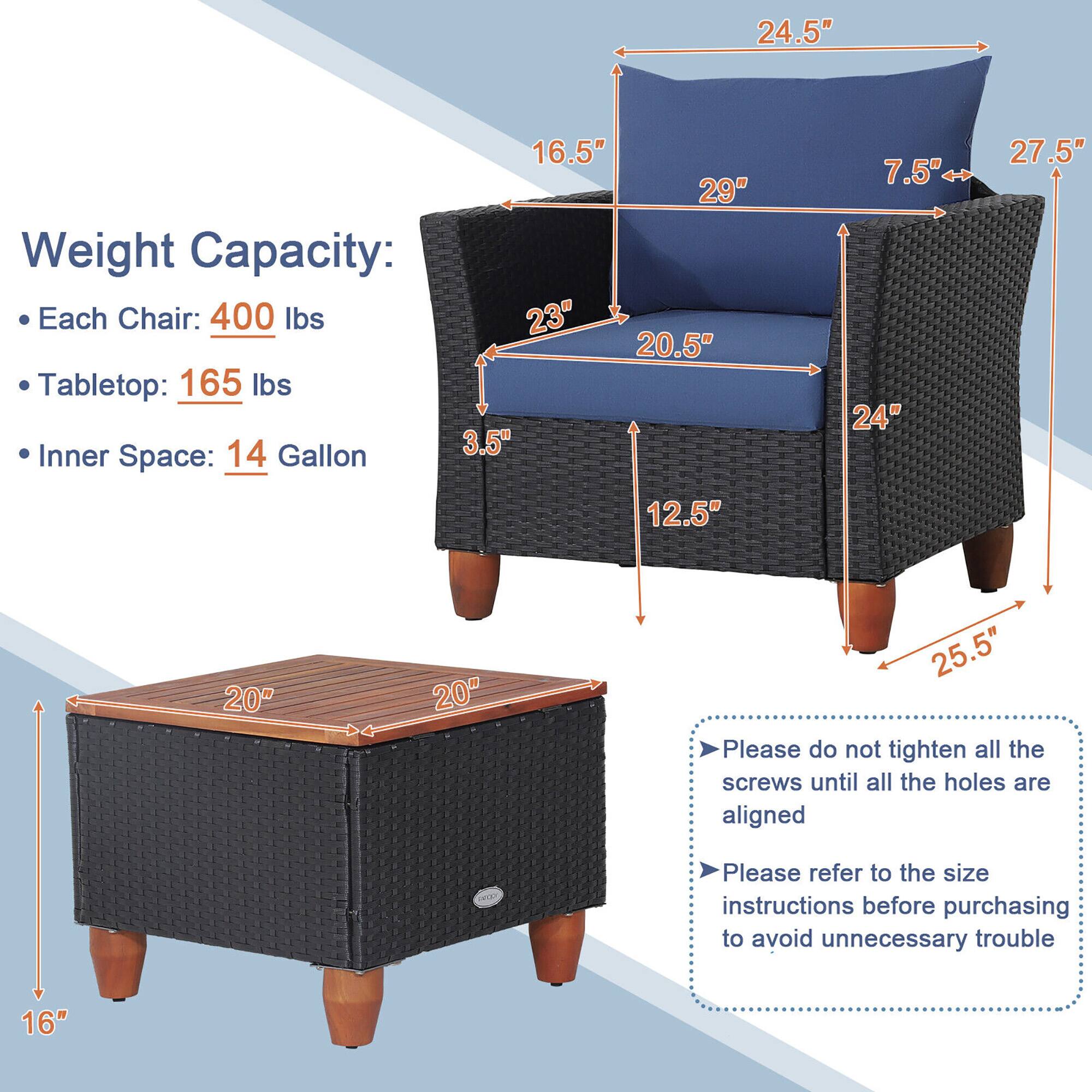 Weight Capacity:
Each Chair: 400 lbs
Tabletop: 165 lbs
Inner Space: 14 Gallon

24.5" 16.5" 29" 23" 20.5" 12.5" 7.5" 24" 27.5" 20" 20" 25.5" 16"

Please do not tighten all the screws until all the holes are aligned
Please refer to the size instructions before purchasing to avoid unnecessary trouble