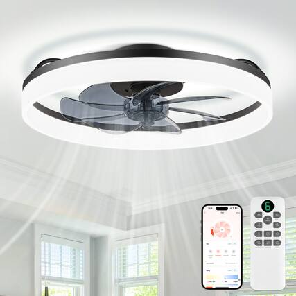 Front. Domanki - 20'' Ceiling Fans with Lights, Dimmable LED Lights, 6-Speeds Ceiling Fans with Lights and Remote for Bedroom,Living Room - Black+black blade.