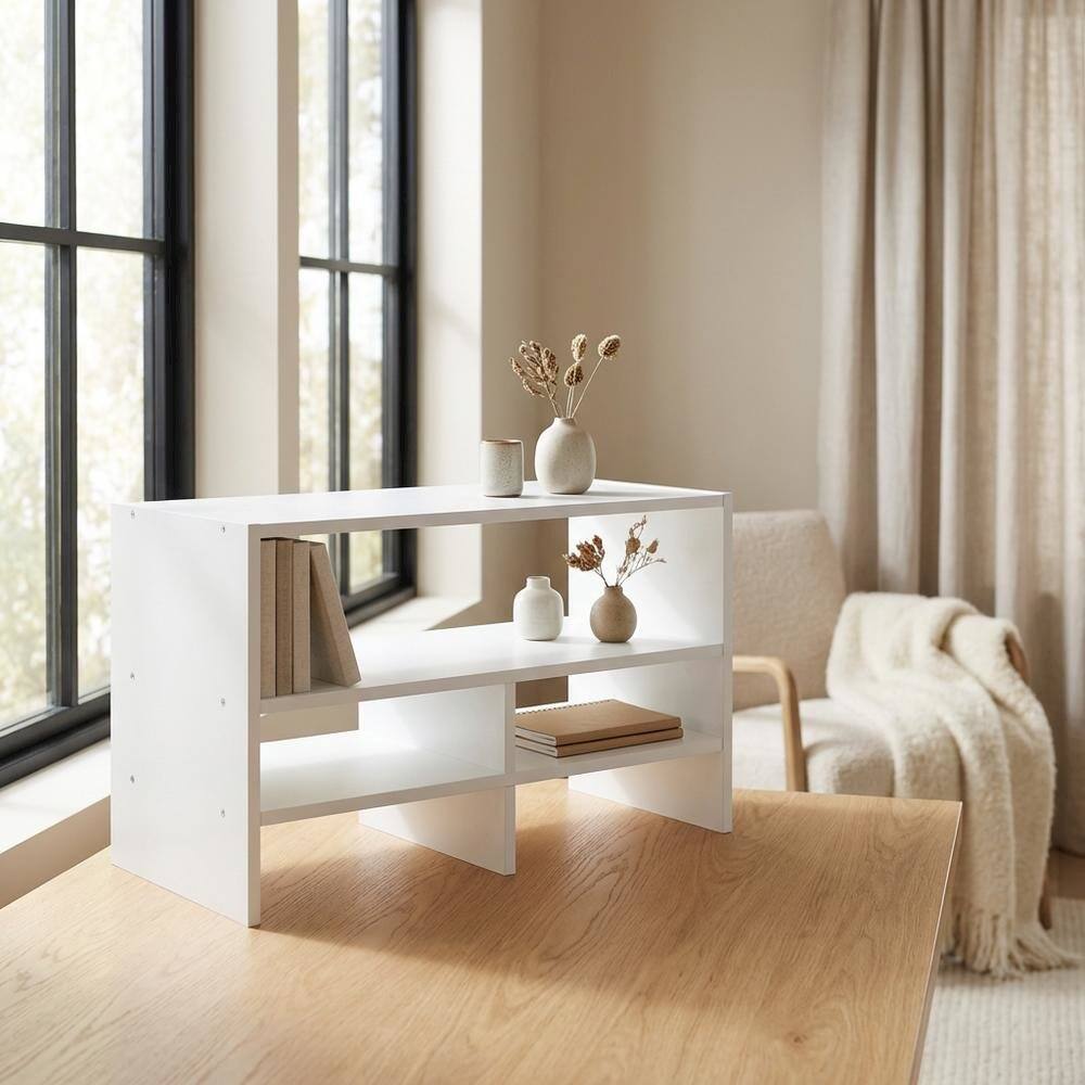 Left. FurniFact - White desk organizing shelf with multi-tier design and sturdy wood construction - White.