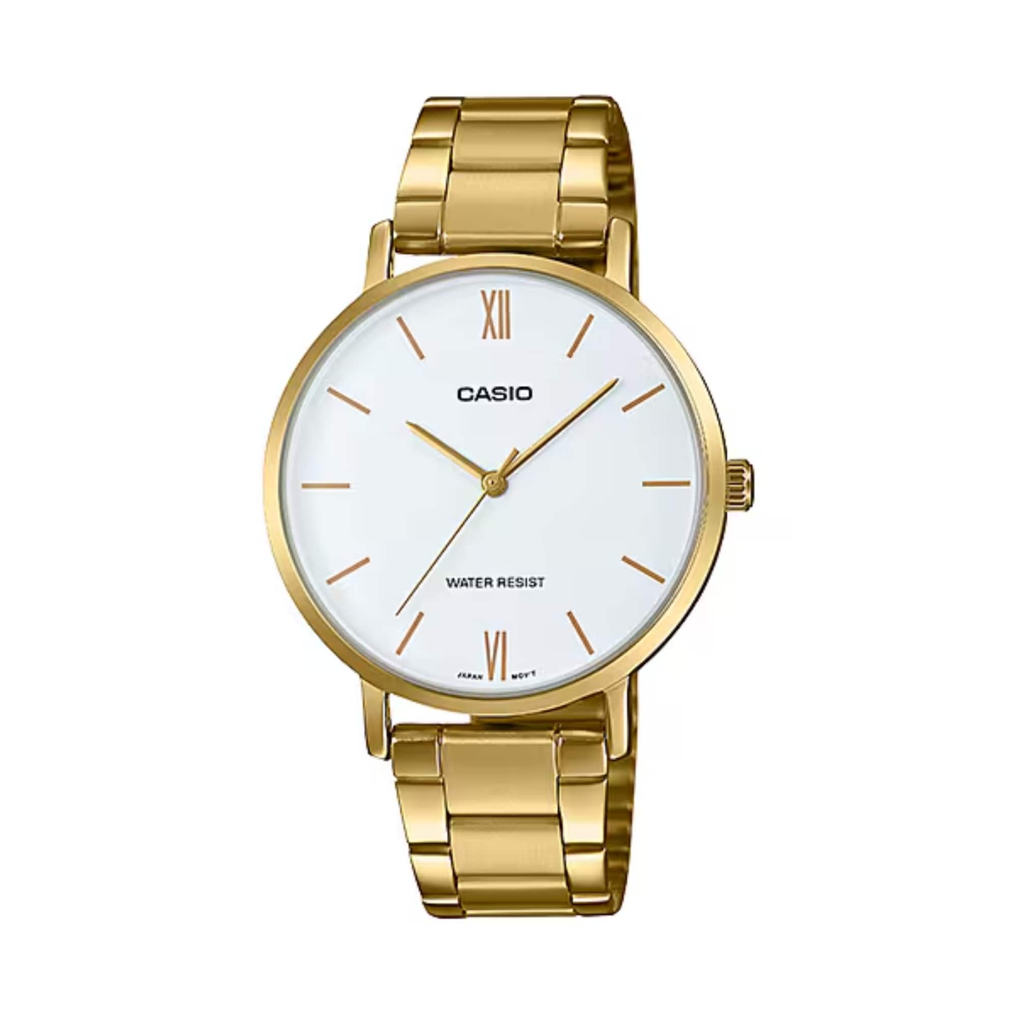 Casio - Women's White Dial Analog Watch Tone Bracelet - LTP-VT01G-7BUDF - Gold