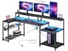 Bestier - 71inch L-Shaped LED Gaming Desk with Power Outlet Computer Desk - Black Carbon Fiber