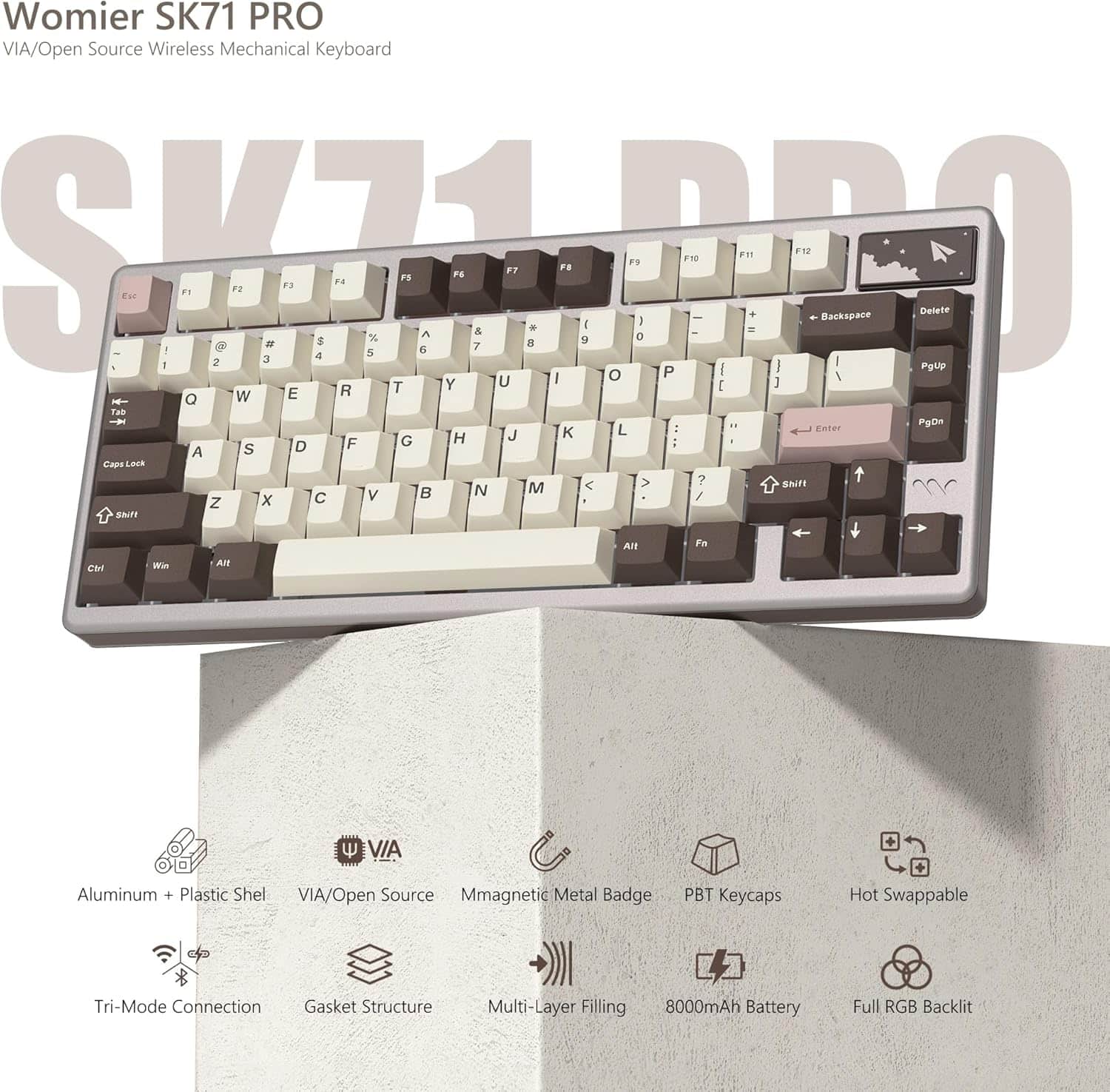 Womier SK71 PRO 75% Wireless Mechanical Keyboard, Creamy Gaming