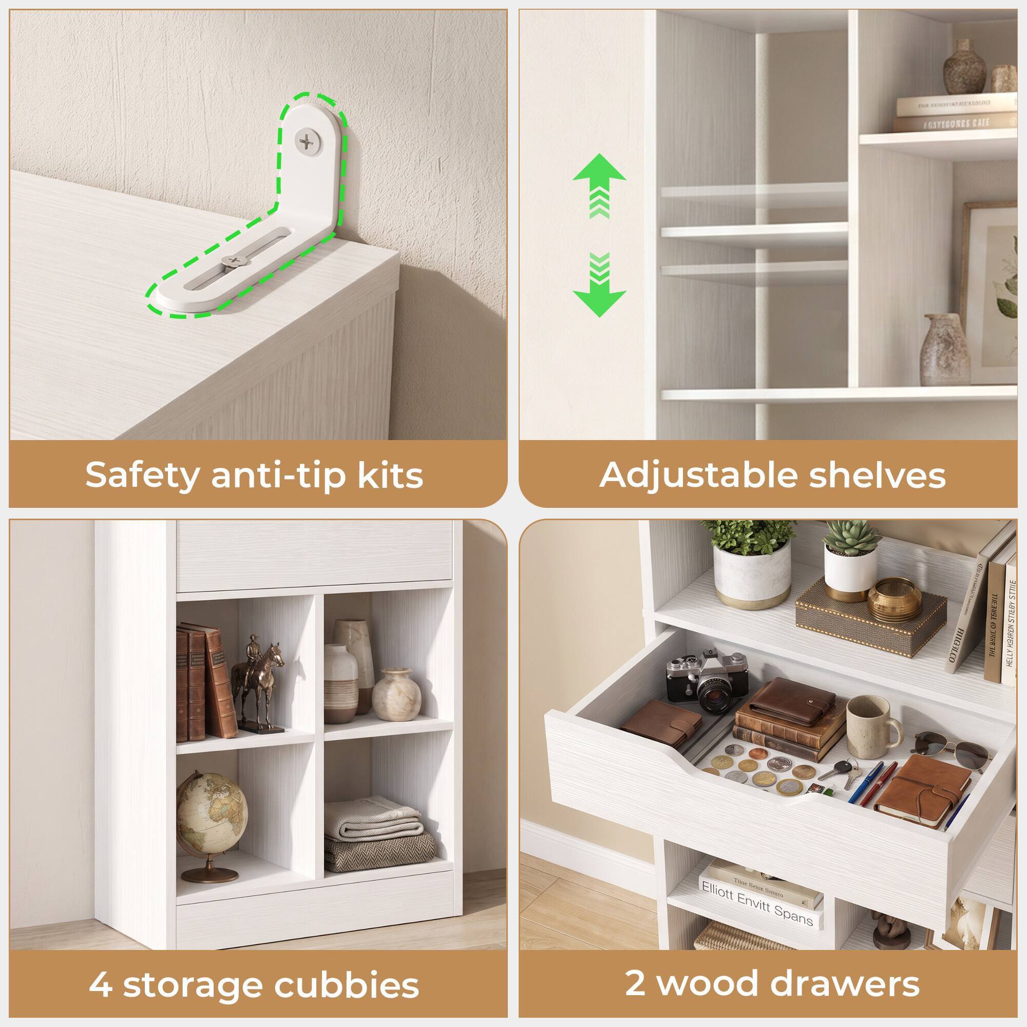 IGSTAGOSES  
Safety anti-tip kits  
Adjustable shelves  
HIGHI.CO  
allMenson  
6 1684-012 WI  
STRIE STMNY POYOUGH HELLY  
View Laurnal Elliott Envitt Spans  
4 storage cubbies  
2 wood drawers