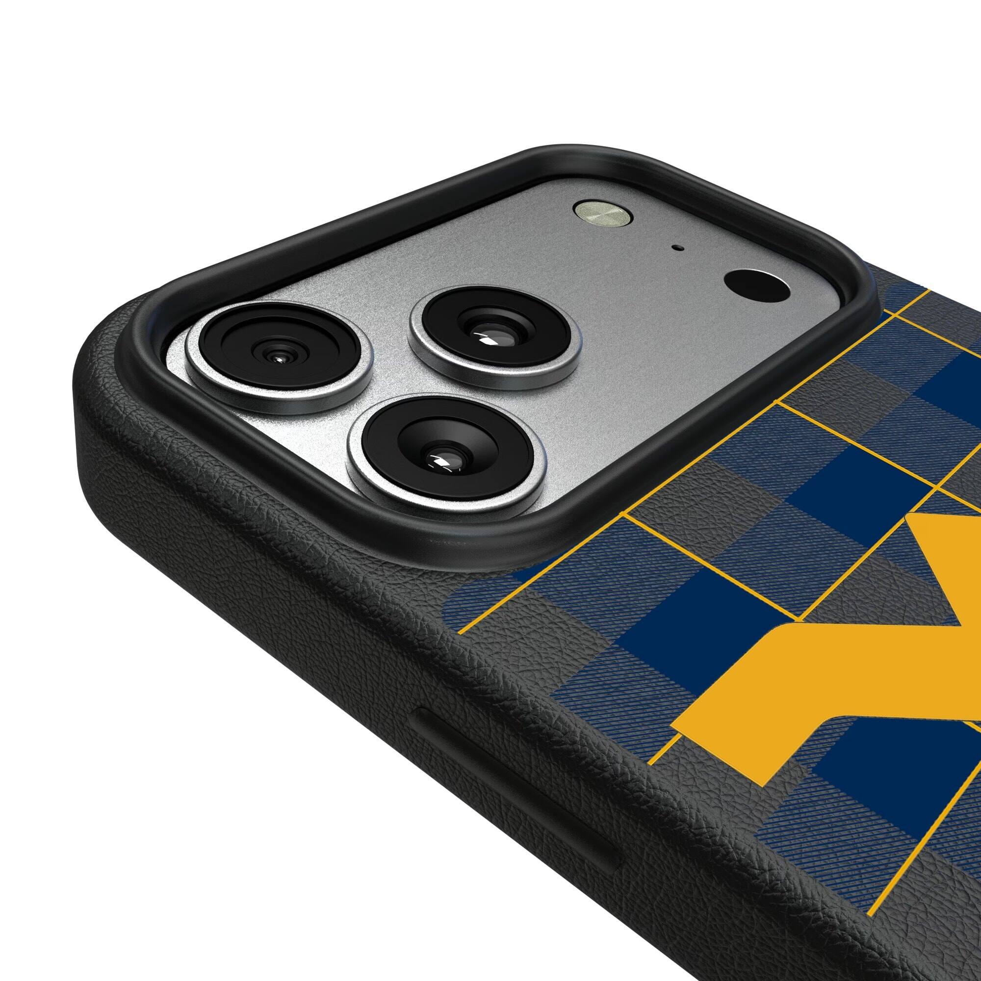 Alt View 2. Keyscaper - West Virginia Mountaineers Plaid Magnetic Bump iPhone Case - 15 Pro Max - Black.