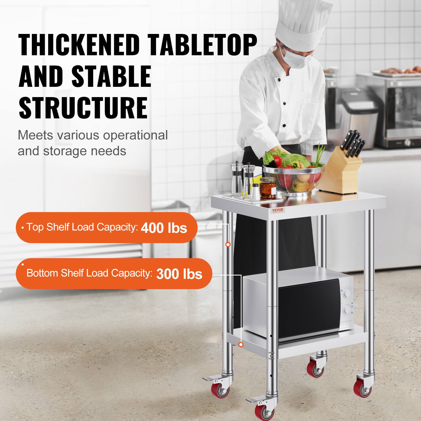 **Thickened Tabletop and Stable Structure**

Meets various operational and storage needs

- Top Shelf Load Capacity: 400 lbs
- Bottom Shelf Load Capacity: 300 lbs