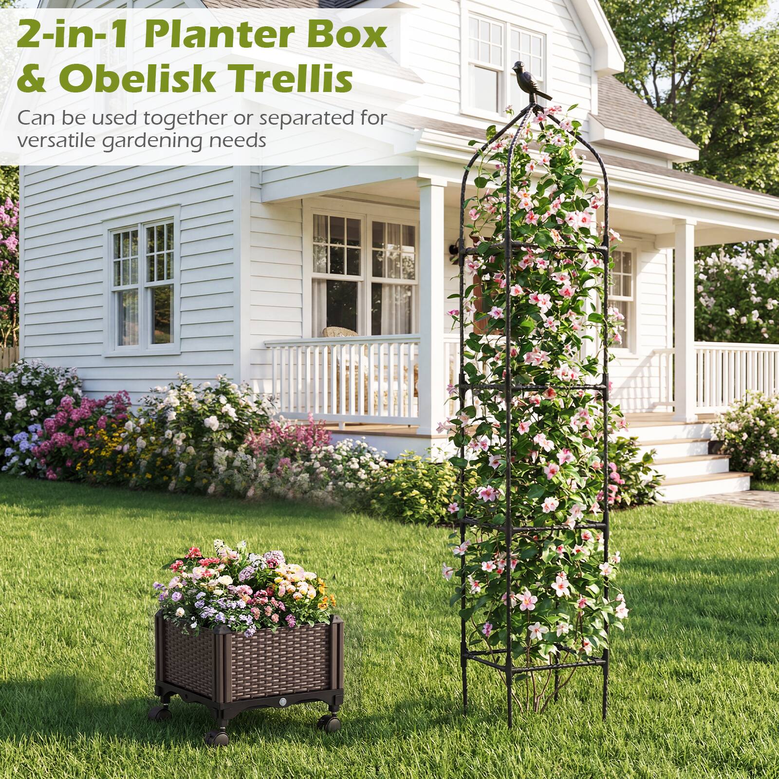 2-in-1 Planter Box & Obelisk Trellis  
Can be used together or separated for versatile gardening needs