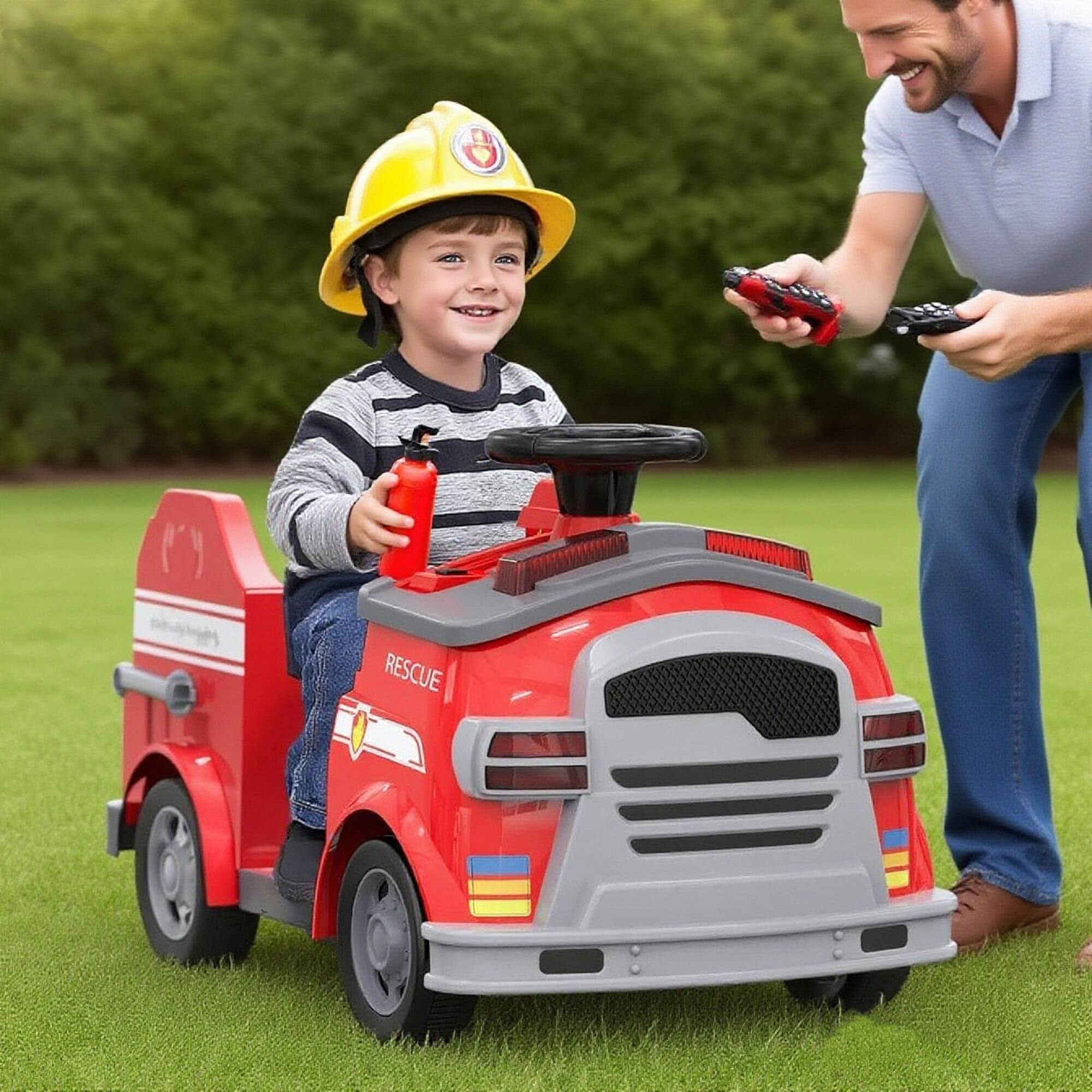 Angle. U-HOMY - 12V Kids Ride-On Fire Truck with Remote, Siren, Lights & Firefighter Tools, Electric Vehicle Toy Car.