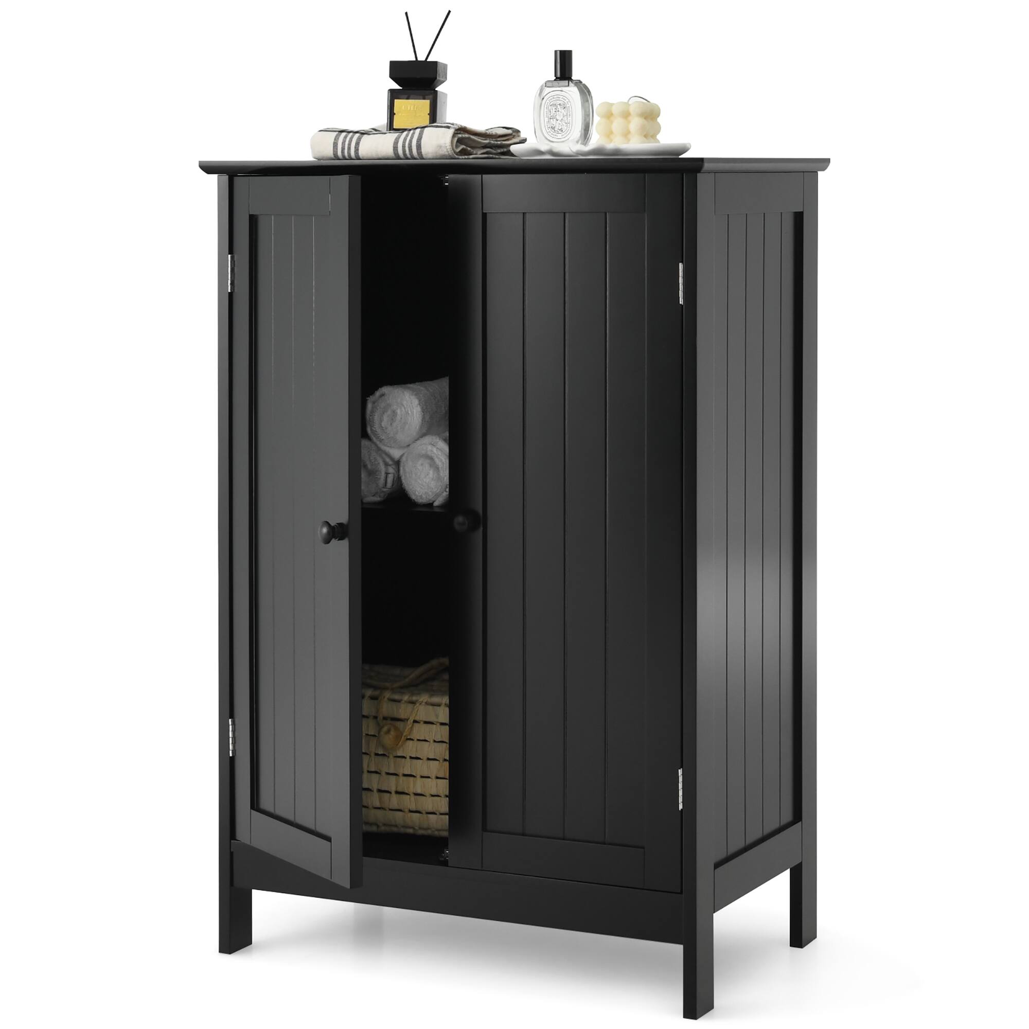 Alt View 1. Gymax - Gymax Bathroom Floor Storage Cabinet Double Door Kitchen Cupboard Shoe Cabinet Black - Black.