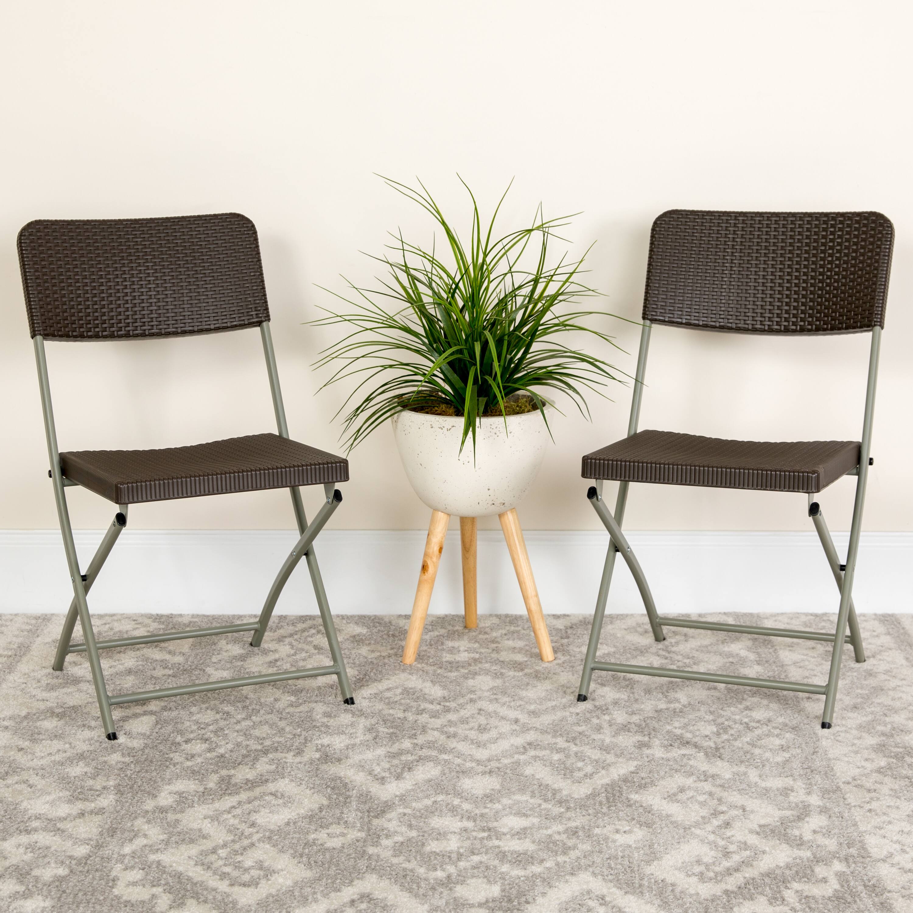 Alt View 2. Emma + Oliver - 2 Pack Rattan Plastic Folding Chair with Gray Frame - Brown.