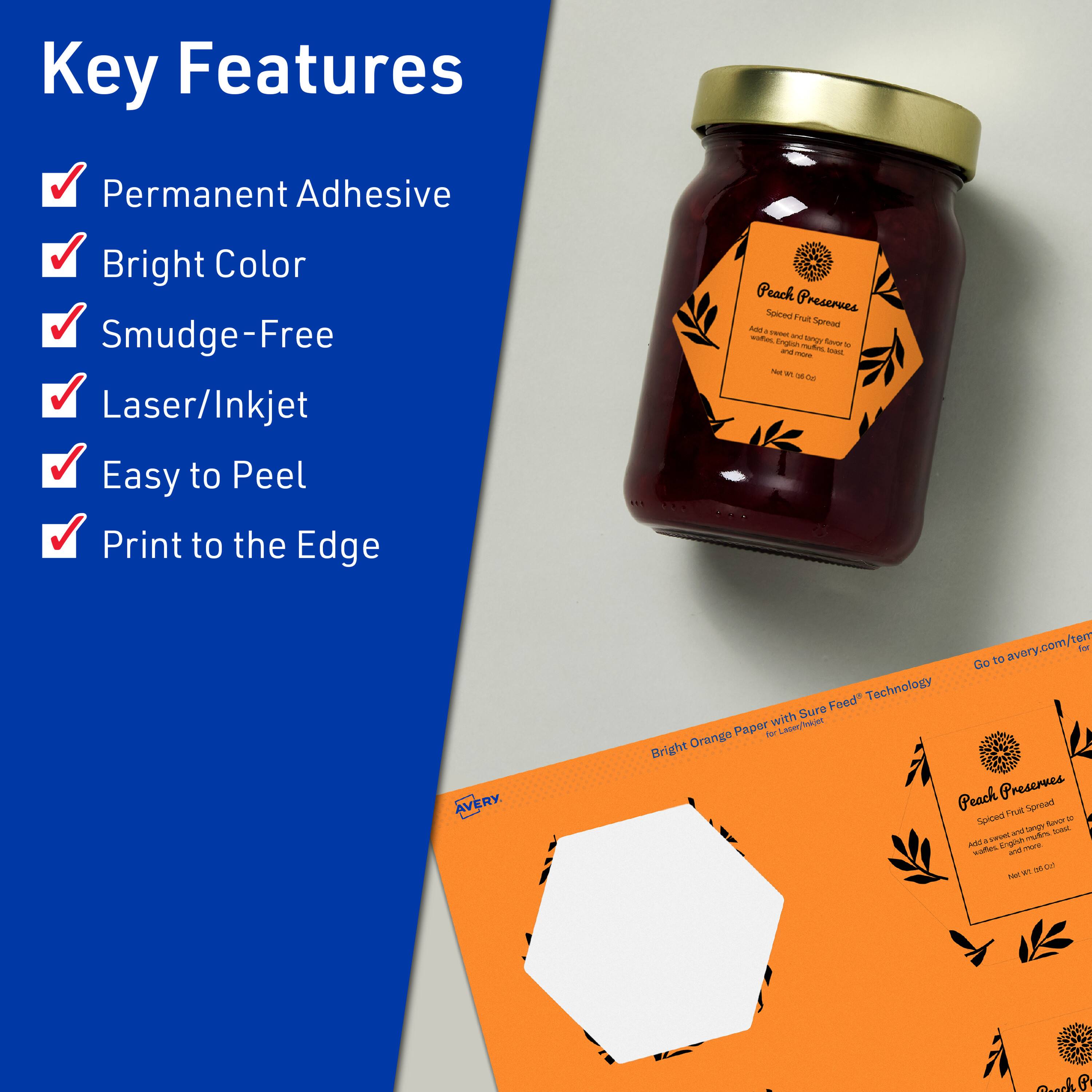 Key Features  
- Permanent Adhesive  
- Bright Color  
- Smudge-Free  
- Laser/Inkjet  
- Easy to Peel  
- Print to the Edge  

Peach Preserves  
Spiced Fruit Spread  
Add a sweet and tangy flavor to your toast, biscuits, or ice cream.  
Net Wt. 9 oz (255 g)  

Bright Orange Paper with Sure Feed™ Technology  

Go to avery.com/templates for more designs.