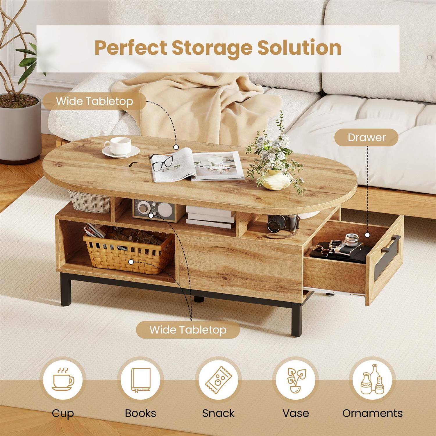 Perfect Storage Solution  
Wide Tabletop  
Drawer  
Wide Tabletop  

Cup  
Books  
Snack  
Vase  
Ornaments