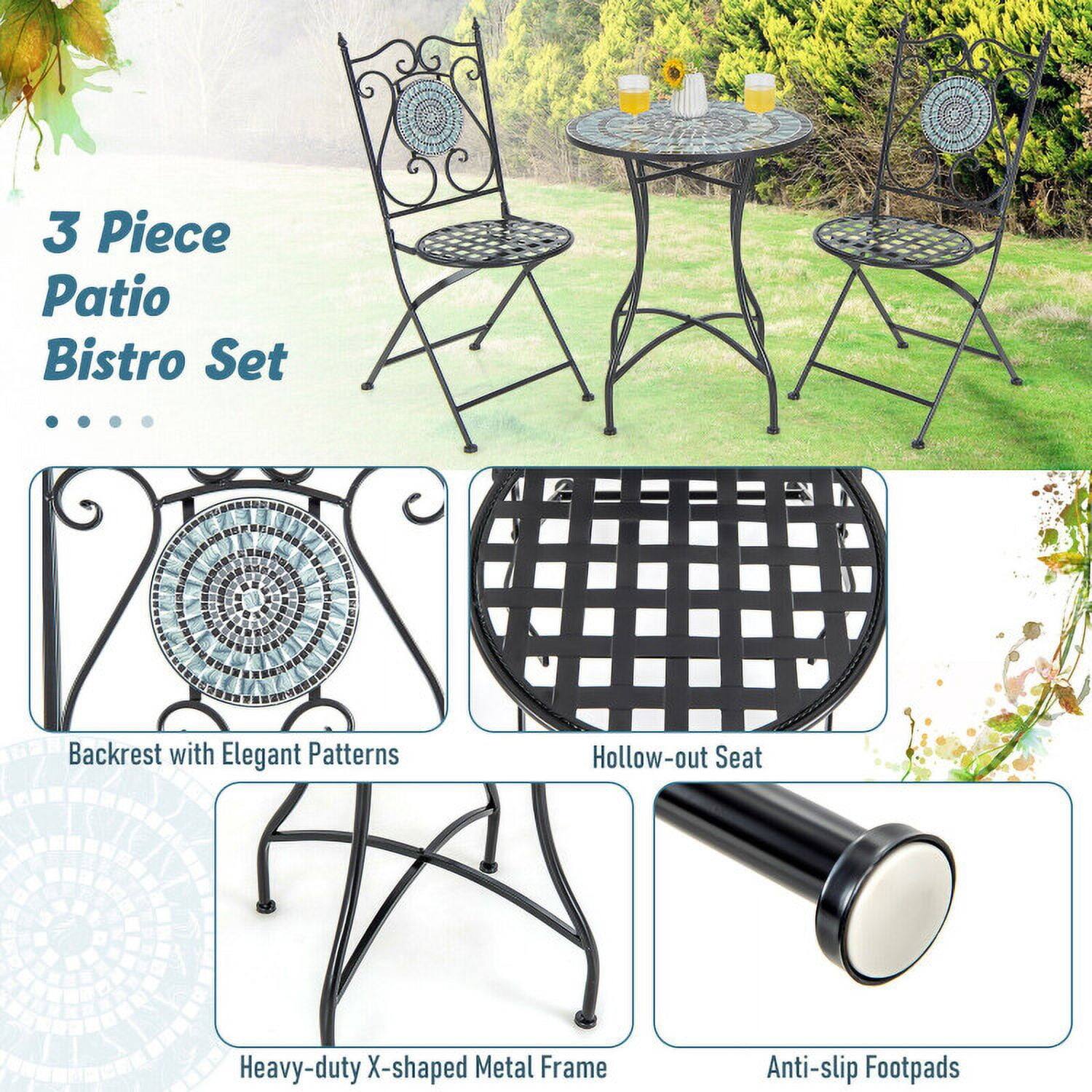 3 Piece Patio Bistro Set

- Backrest with Elegant Patterns
- Hollow-out Seat
- Heavy-duty X-shaped Metal Frame
- Anti-slip Footpads