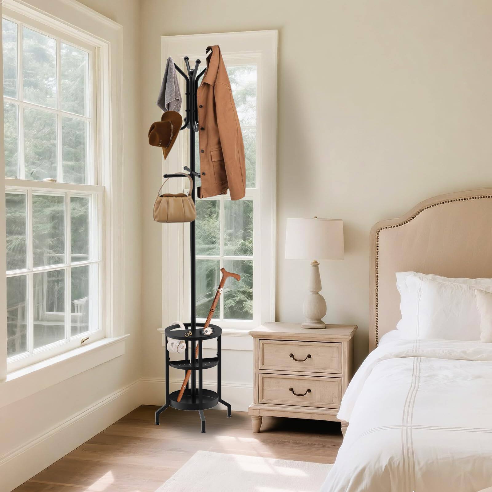 Alt View 1. Hirose Alice - Coat Rack Freestanding Stand With Umbrella Holder Metal Tree 12 Hooks Hanger For Entryway Bedroom Living - White.