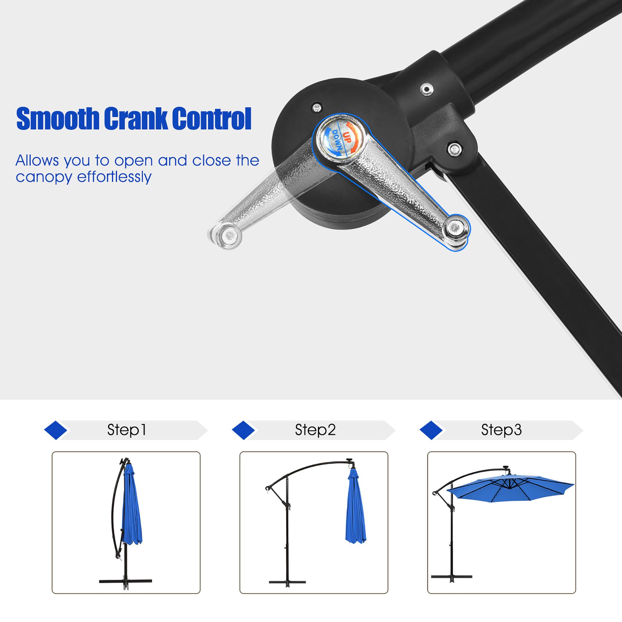 Smooth Crank Control Allows you to open and close the canopy effortlessly. Step 1: Down. Step 2: Up. Step 3: