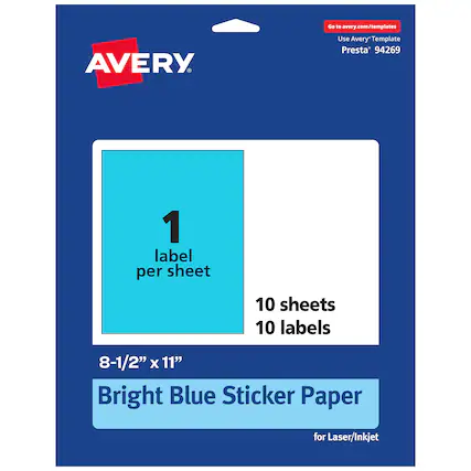 Go to avery.com/templates
AVERY
Use Avery™ Template Presta® 94269
1 label per sheet
10 sheets
10 labels
8-1/2" x 11"
Bright Blue Sticker Paper for Laser/Inkjet
