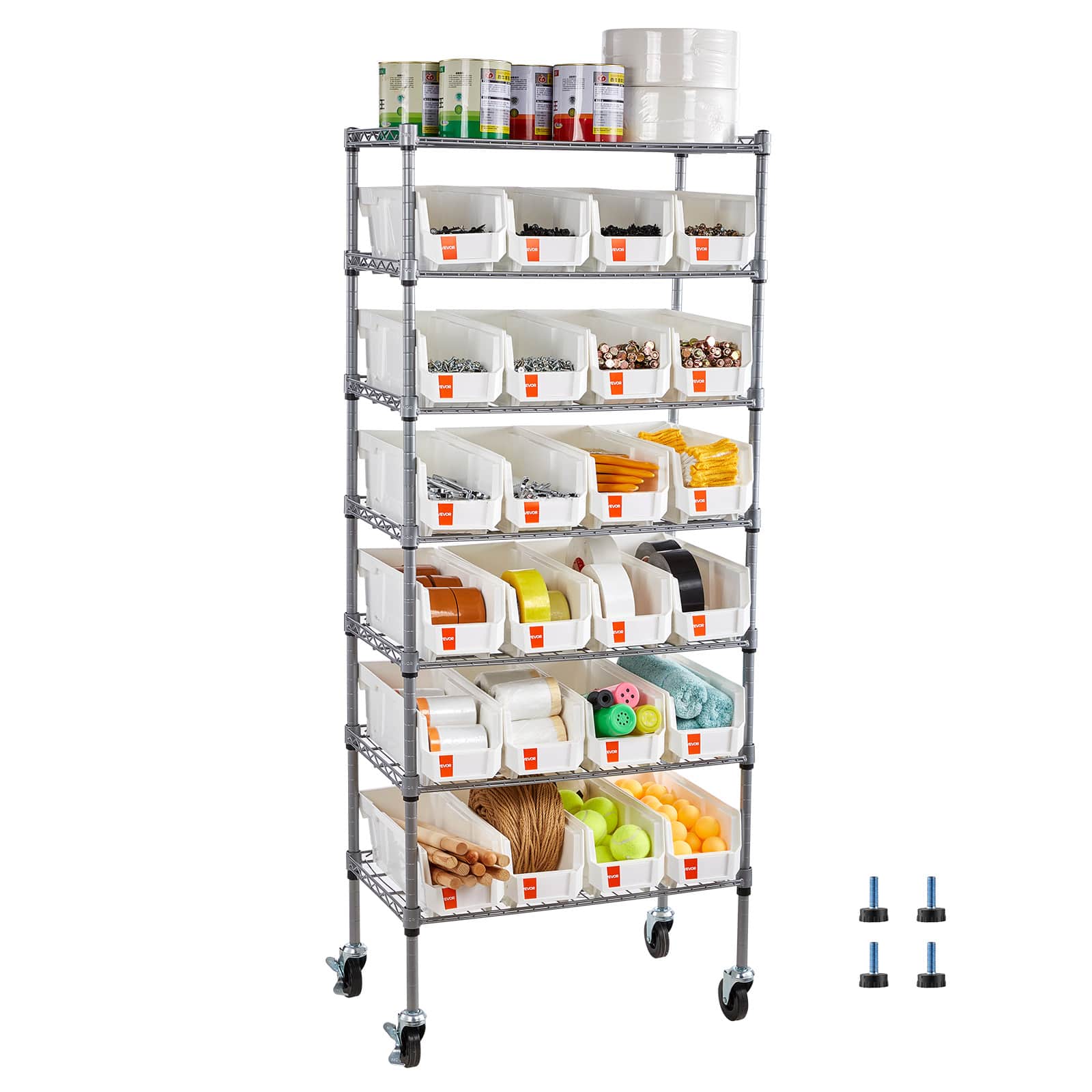 VEVOR - 7-Tier Rolling Bin Storage Rack, 24 Small Bins, Bin Rack Storage Steel Wire Shelving System with Wheels - Silver