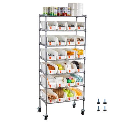 Front. VEVOR - 7-Tier Rolling Bin Storage Rack, 24 Small Bins, Bin Rack Storage Steel Wire Shelving System with Wheels - Silver.