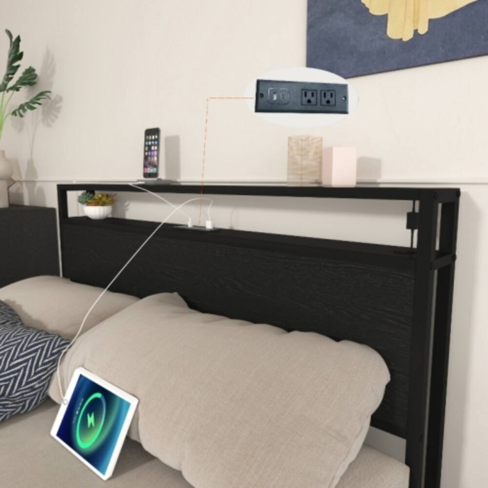 Left. LUCKY ONE - Full Size Bed Frame with 8 Storage Drawers, LED Headboard, USB Charging Station, Metal Platform, No Box Spring Needed - Black.