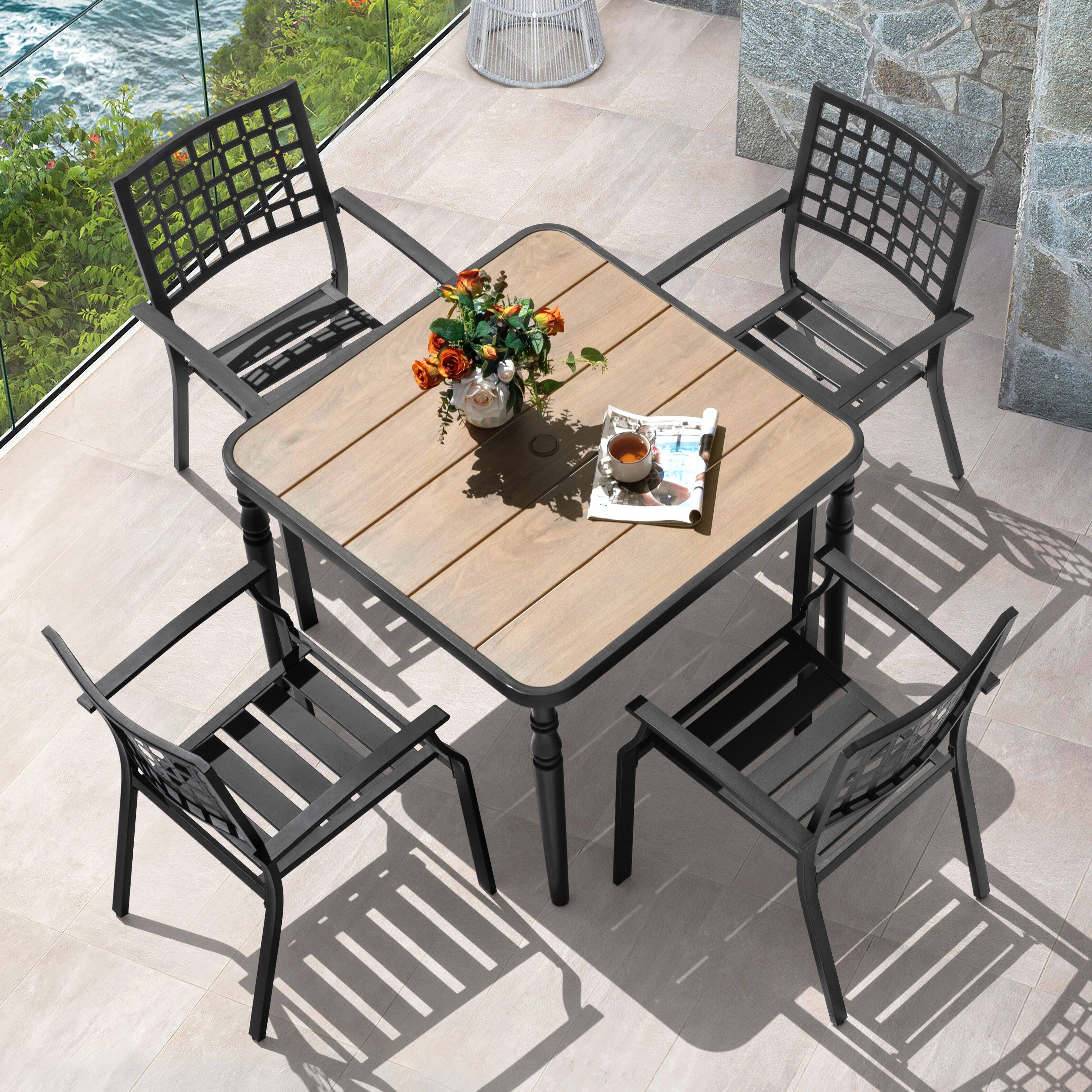 Alt View 1. Nuu Garden - 5-Piece Metal Outdoor Dining Set with Wood-Grain Tabletop and Umbrella Hole - Black.