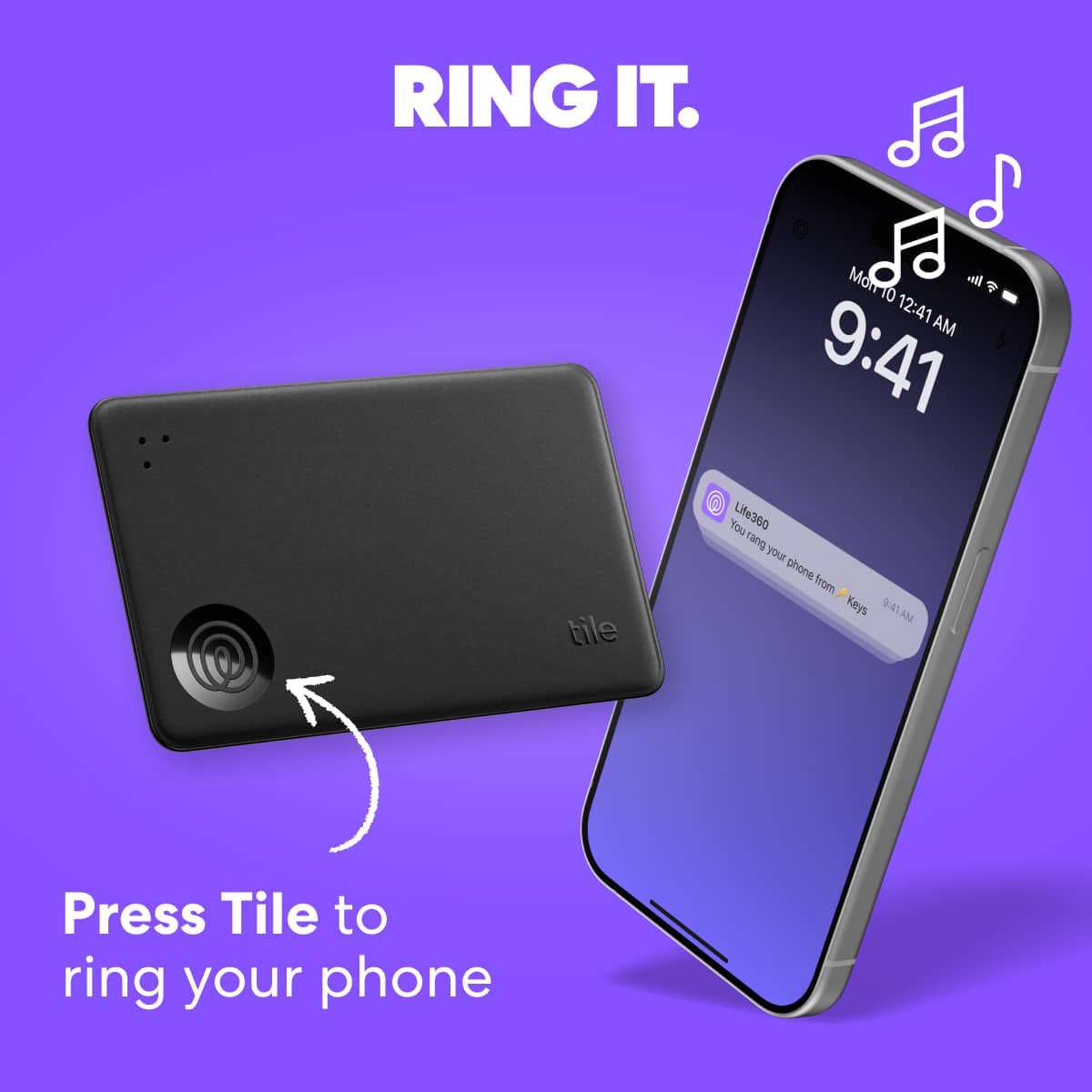 RING IT. Mom10 i 12:41 AM 9:41 tile You Life360 rang your phone from Kays 941 E Press Tile to ring your phone.
