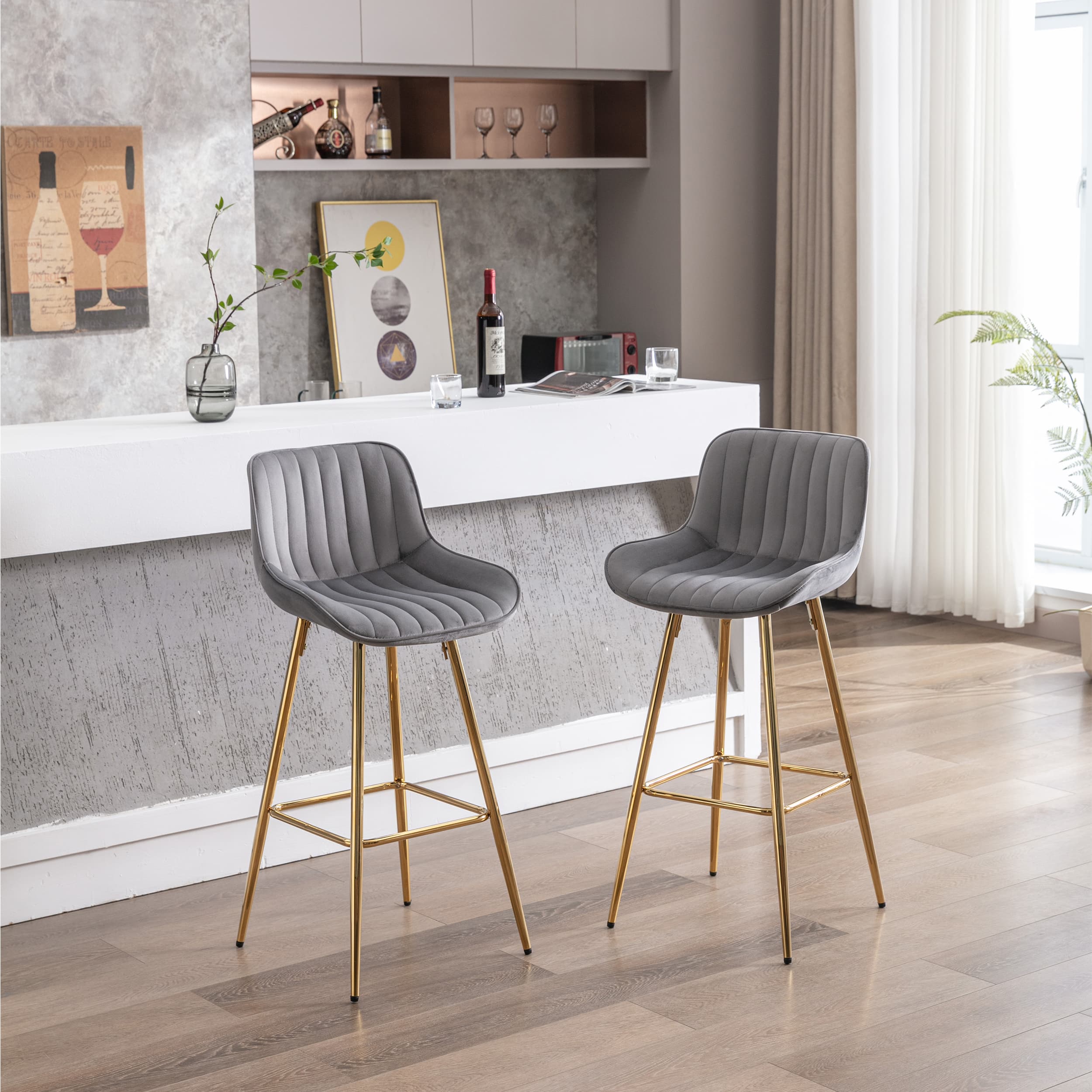 Trinkets Crazed - Velvet Bar Stools Set of 2, 30 Inch Modern Barstools with Back&Gold Legs, Bar Height Stools for Kitchen Island - Gray