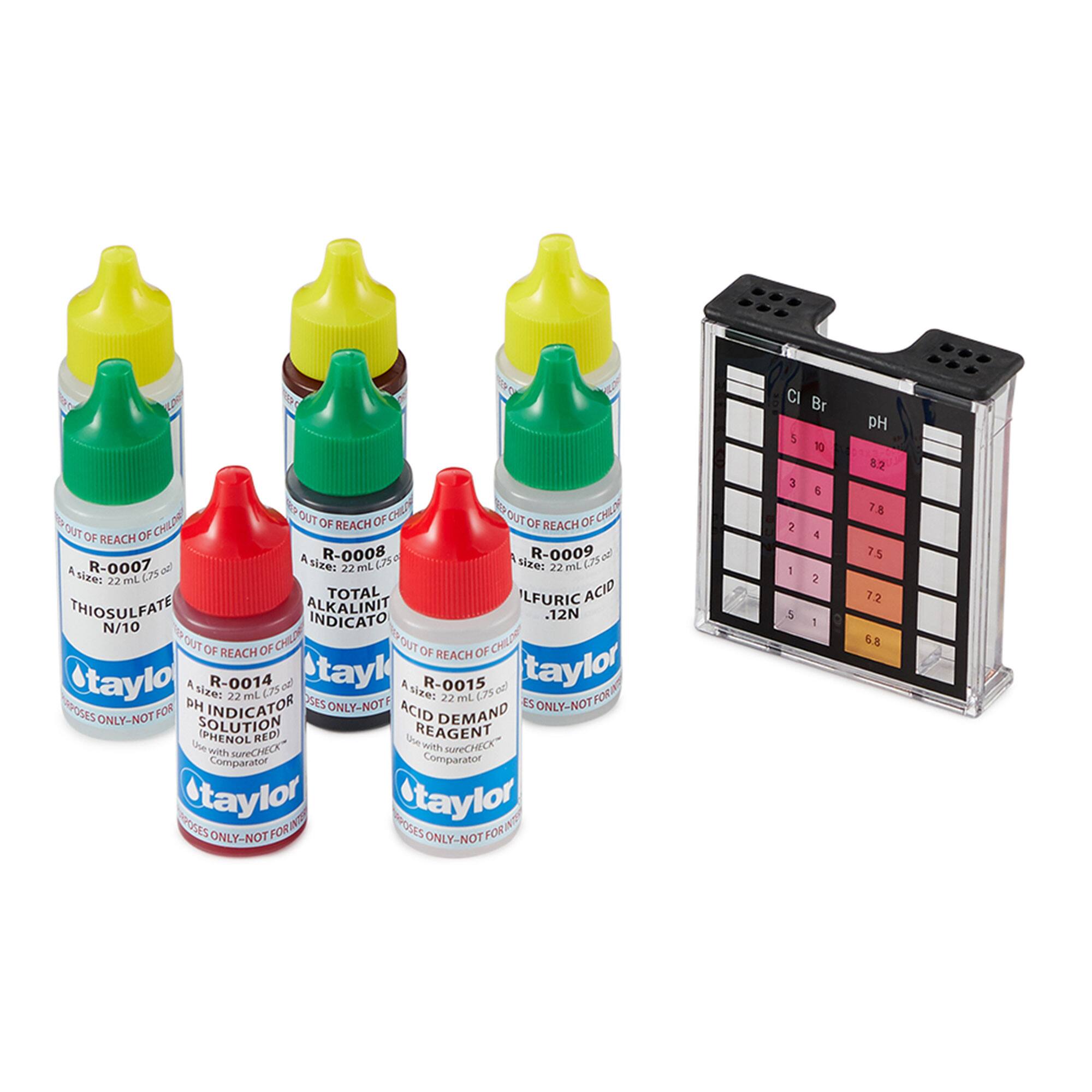 Sure, here is the corrected and grouped text from the image:

---

**Bottles:**

1. **R-0007**
   - Size: 22 mL
   - Thiosulfate Alkalinity Indicator
   - Use with SureCheck Comparator
   - Out of Reach of Children

2. **R-0008**
   - Size: 22 mL
   - Total Alkalinity Indicator
   - Use with SureCheck Comparator
   - Out of Reach of Children

3. **R-0009**
   - Size: 22 mL
   - Total Chlorine Indicator
   - Use with SureCheck Comparator
   - Out of Reach of Children

4. **R-0014**
   - Size: 22 mL
   - pH Indicator
   - Use with SureCheck Comparator
   - Out of Reach of Children

5. **R-0015**
   - Size: 22 mL
   - Acid Demand Reagent
   - Use with SureCheck Comparator
   - Out of Reach of Children

**Comparator:**

- CI Br pH
  - 5 10 8.2
  -