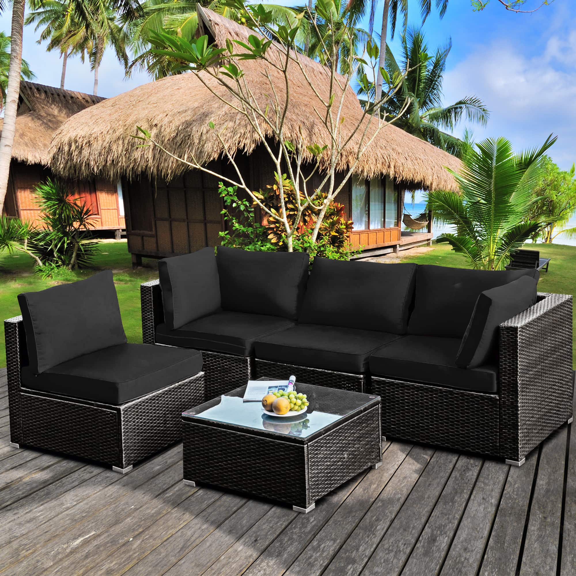 Gymax - 5PCS Rattan Patio Conversation Set Sofa Furniture Set w/ Black Cushions - Mix brown price history on PriceWatchPro
