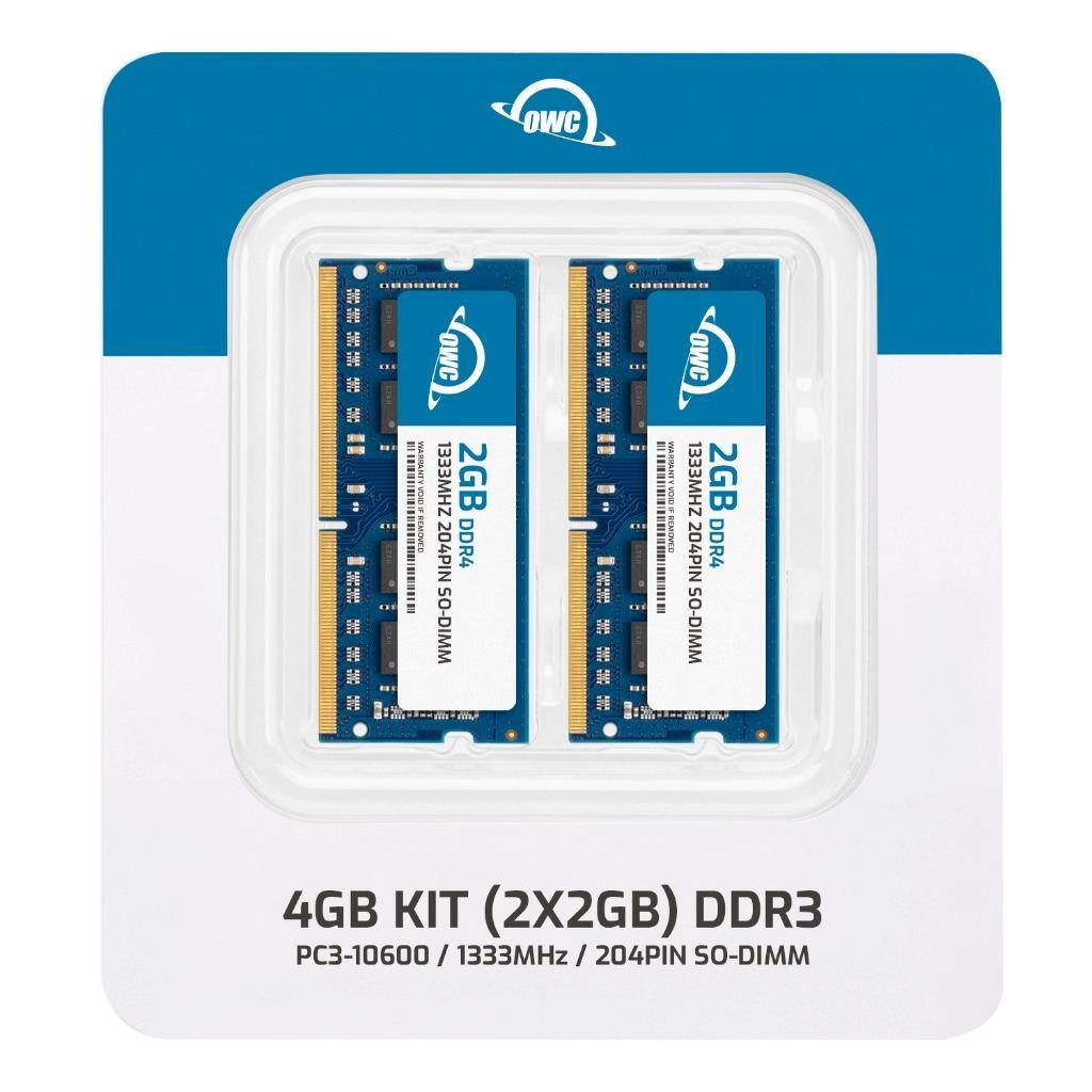OWC  
4GB KIT (2X2GB) DDR3  
PC3-10600 / 1333MHz / 204PIN SO-DIMM  

2GB DDR3 1333MHz 204PIN SO-DIMM  
2GB DDR3 1333MHz 204PIN SO-DIMM  

WARRANTY: 1 YEAR  
MADE IN CHINA