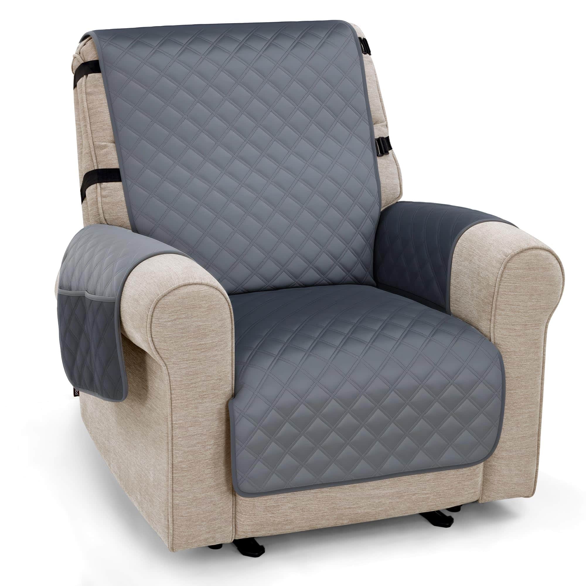 Fabibe - Waterproof Recliner Chair Cover, Velvet Non Slip Recliner Cover with Pockets, Washable Design - Dark Grey 1 Seat