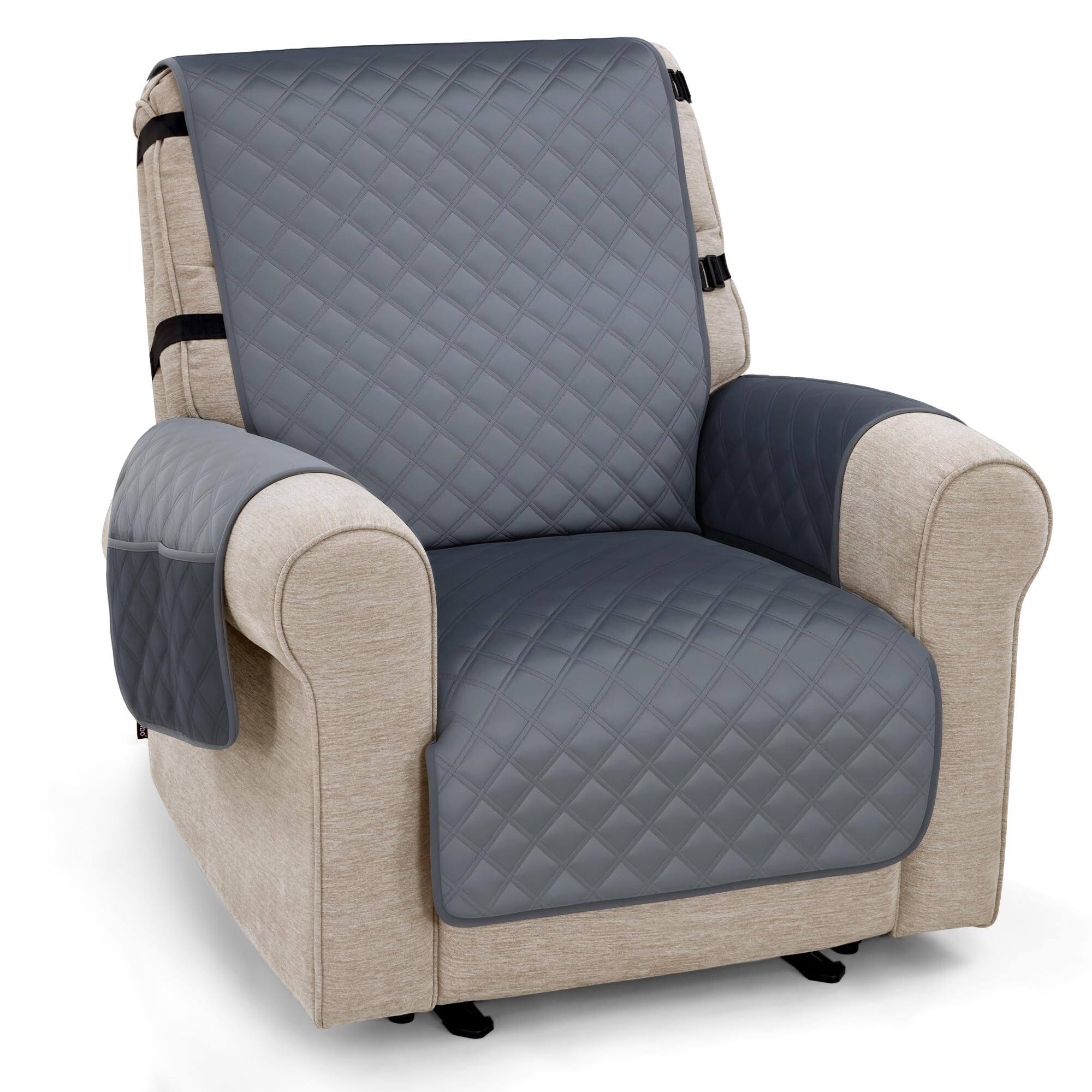 Front. Fabibe - Waterproof Recliner Chair Cover, Velvet Non Slip Recliner Cover with Pockets, Washable Design - Dark Grey 1 Seat.