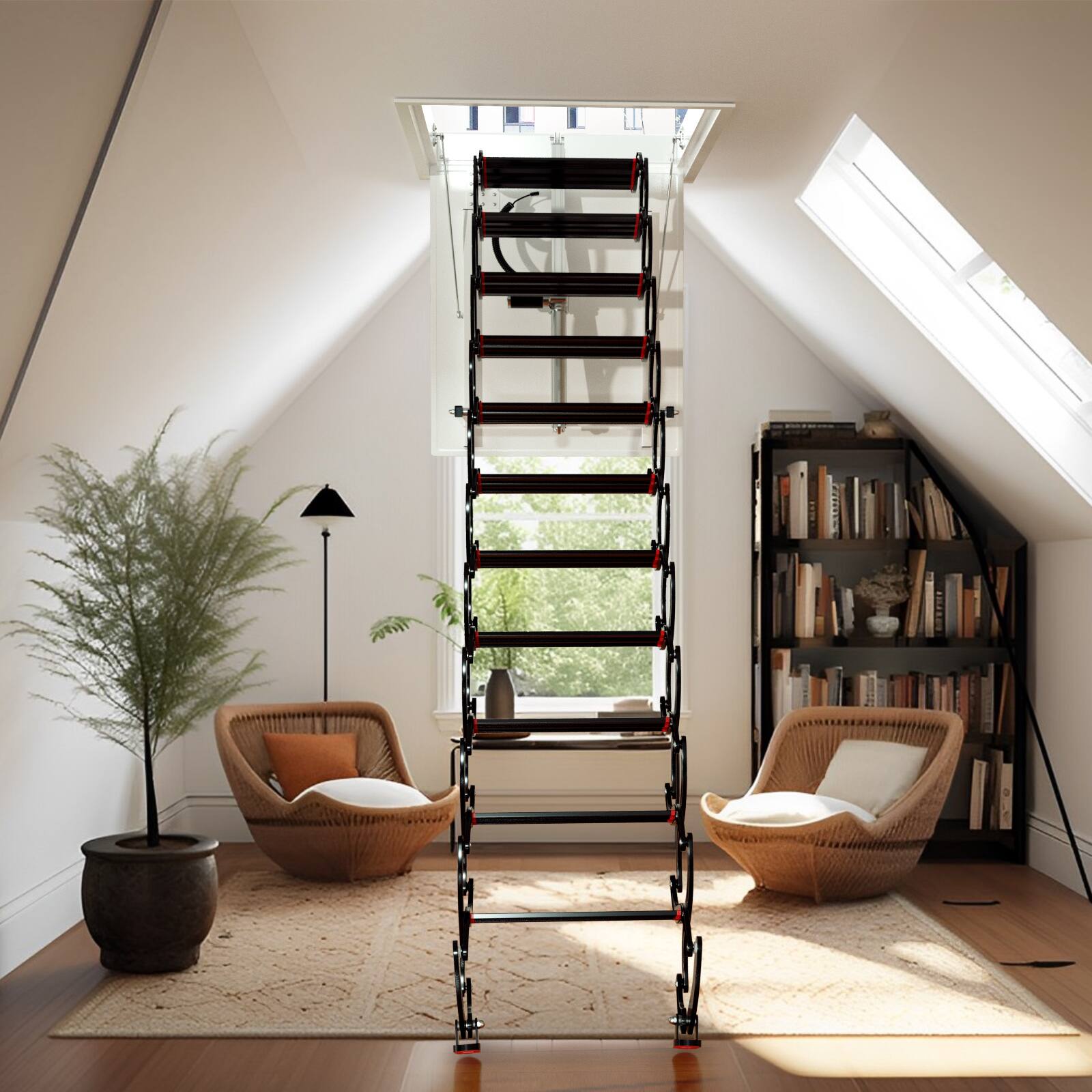 Alt View 5. Topteng - 11-Step Electric Attic Ladder with Remote-Aluminum Folding, 500lb Capacity, Silent Hydraulic Motor for Loft Access - Black.