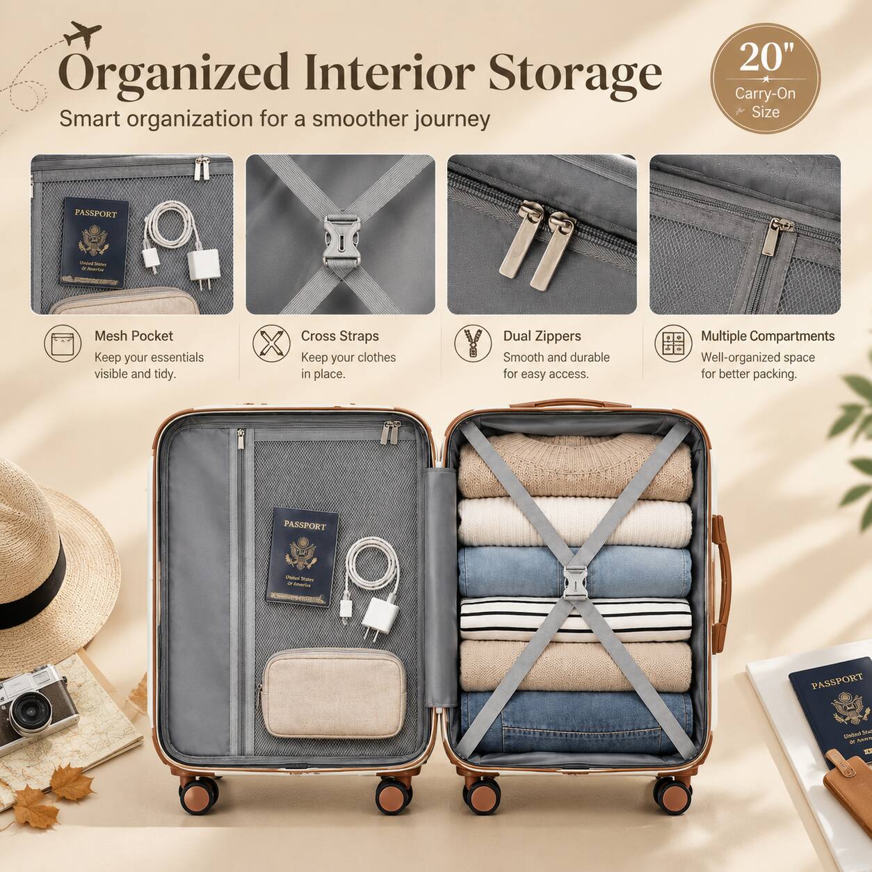 Organized Interior Storage  
Smart organization for a smoother journey

20" Carry-On Size

Mesh Pocket  
Keep your essentials visible and tidy.

Cross Straps  
Keep your clothes in place.

Dual Zippers  
Smooth and durable for easy access.

Multiple Compartments  
Well-organized space for better packing.

PASSPORT  
United States of America